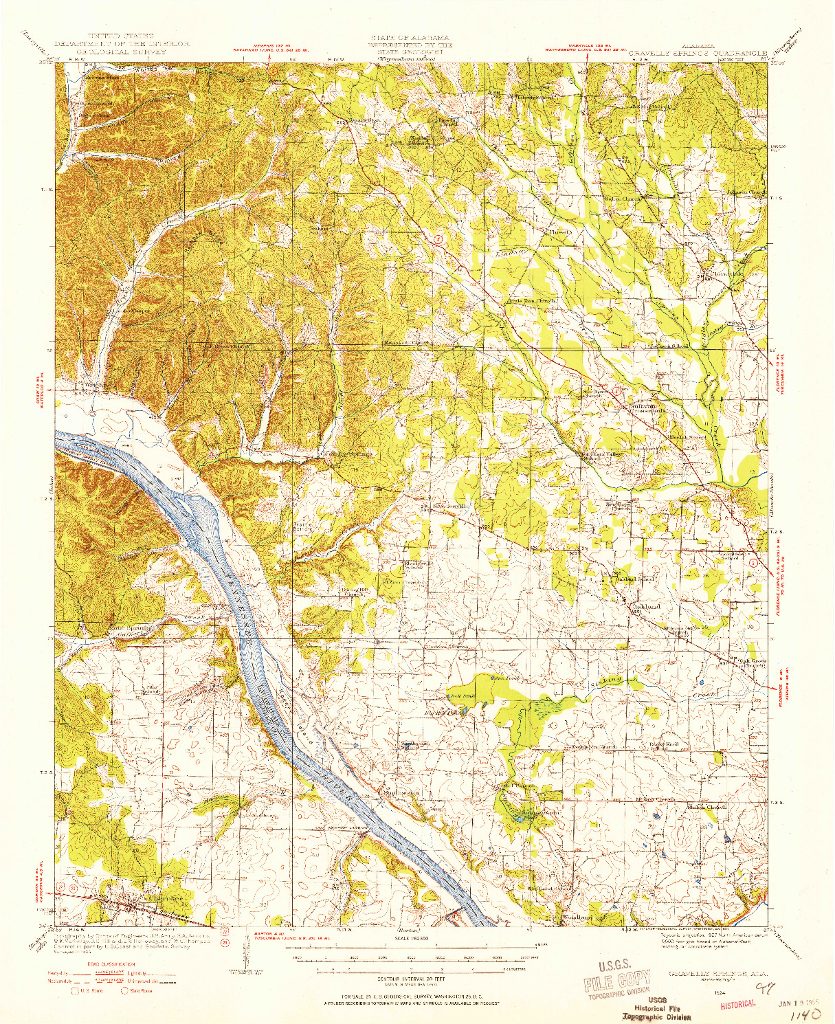 USGS 1:62500-SCALE QUADRANGLE FOR GRAVELLY SPRINGS, AL 1924