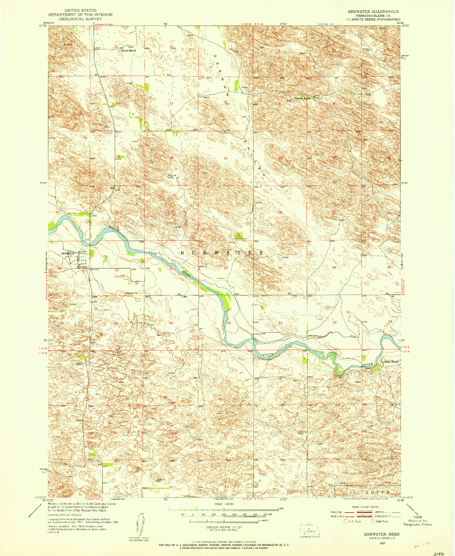 USGS 1:24000-SCALE QUADRANGLE FOR BREWSTER, NE 1952