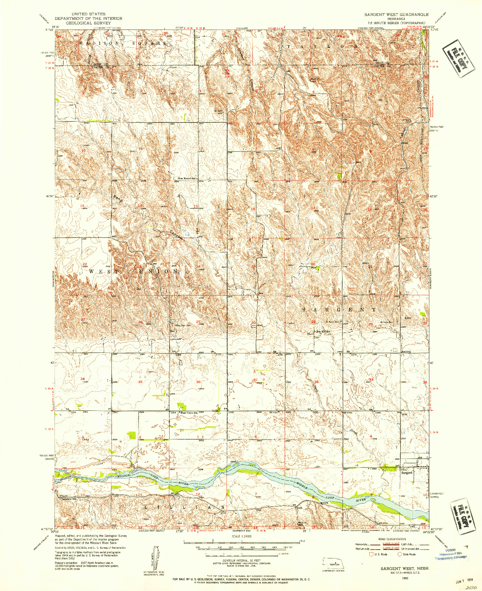 USGS 1:24000-SCALE QUADRANGLE FOR SARGENT WEST, NE 1952