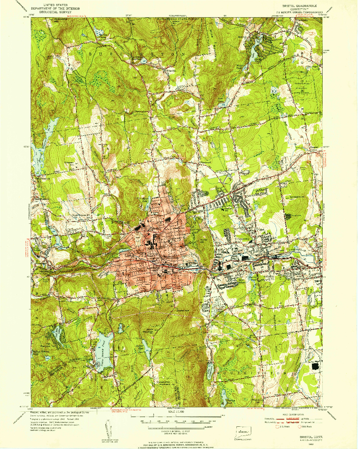 USGS 1:31680-SCALE QUADRANGLE FOR BRISTOL, CT 1953