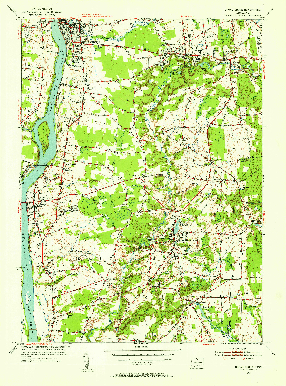 USGS 1:31680-SCALE QUADRANGLE FOR BROAD BROOK, CT 1953