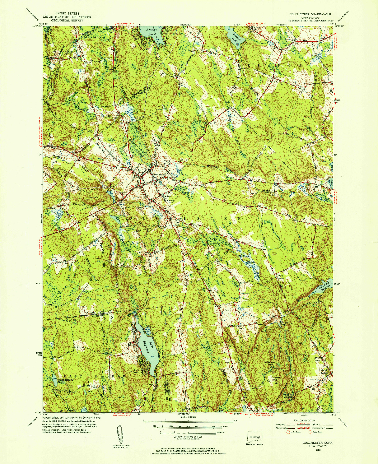 USGS 1:31680-SCALE QUADRANGLE FOR COLCHESTER, CT 1953