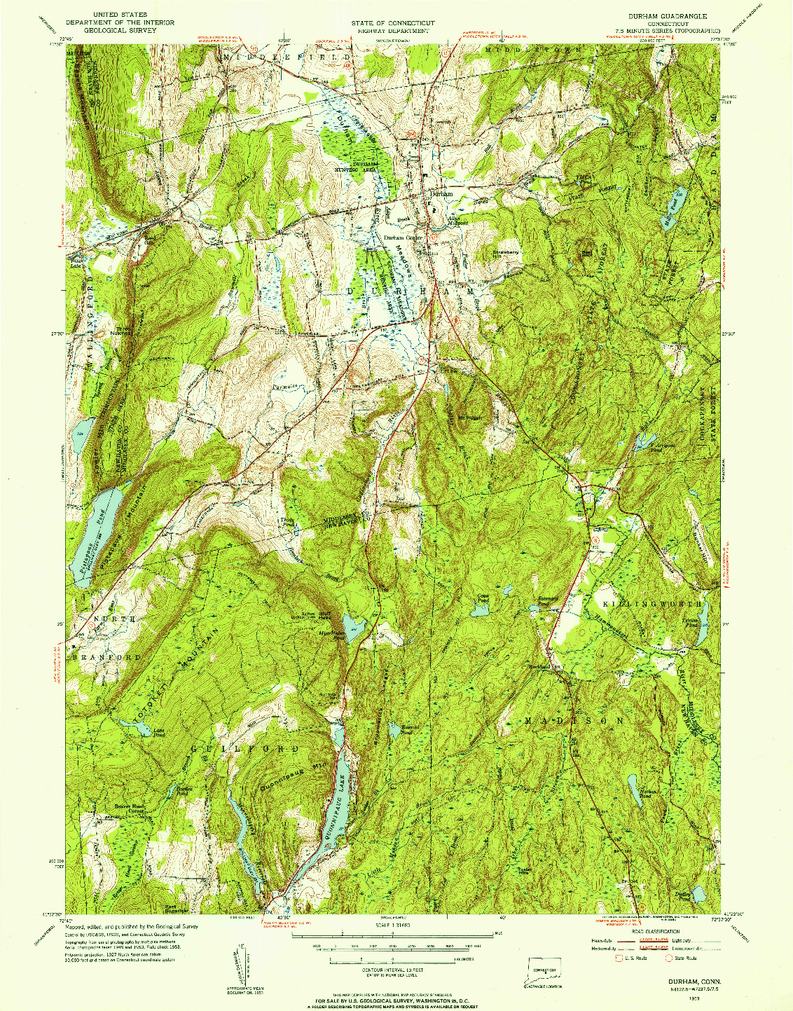 USGS 1:31680-SCALE QUADRANGLE FOR DURHAM, CT 1953