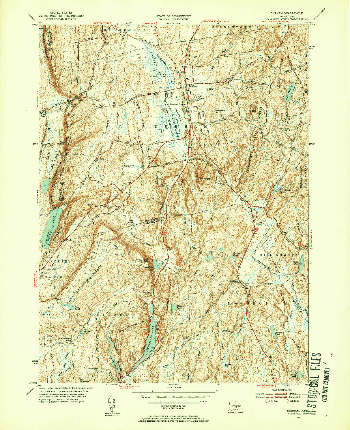 USGS 1:31680-SCALE QUADRANGLE FOR DURHAM, CT 1953