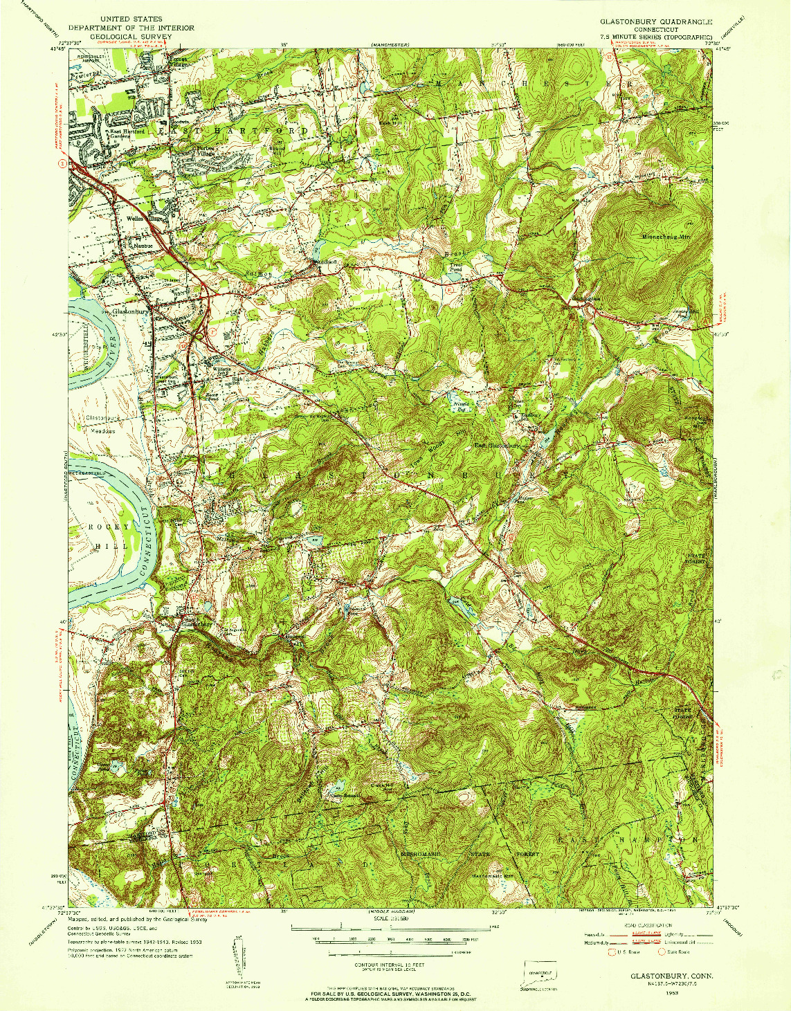 USGS 1:31680-SCALE QUADRANGLE FOR GLASTONBURY, CT 1953