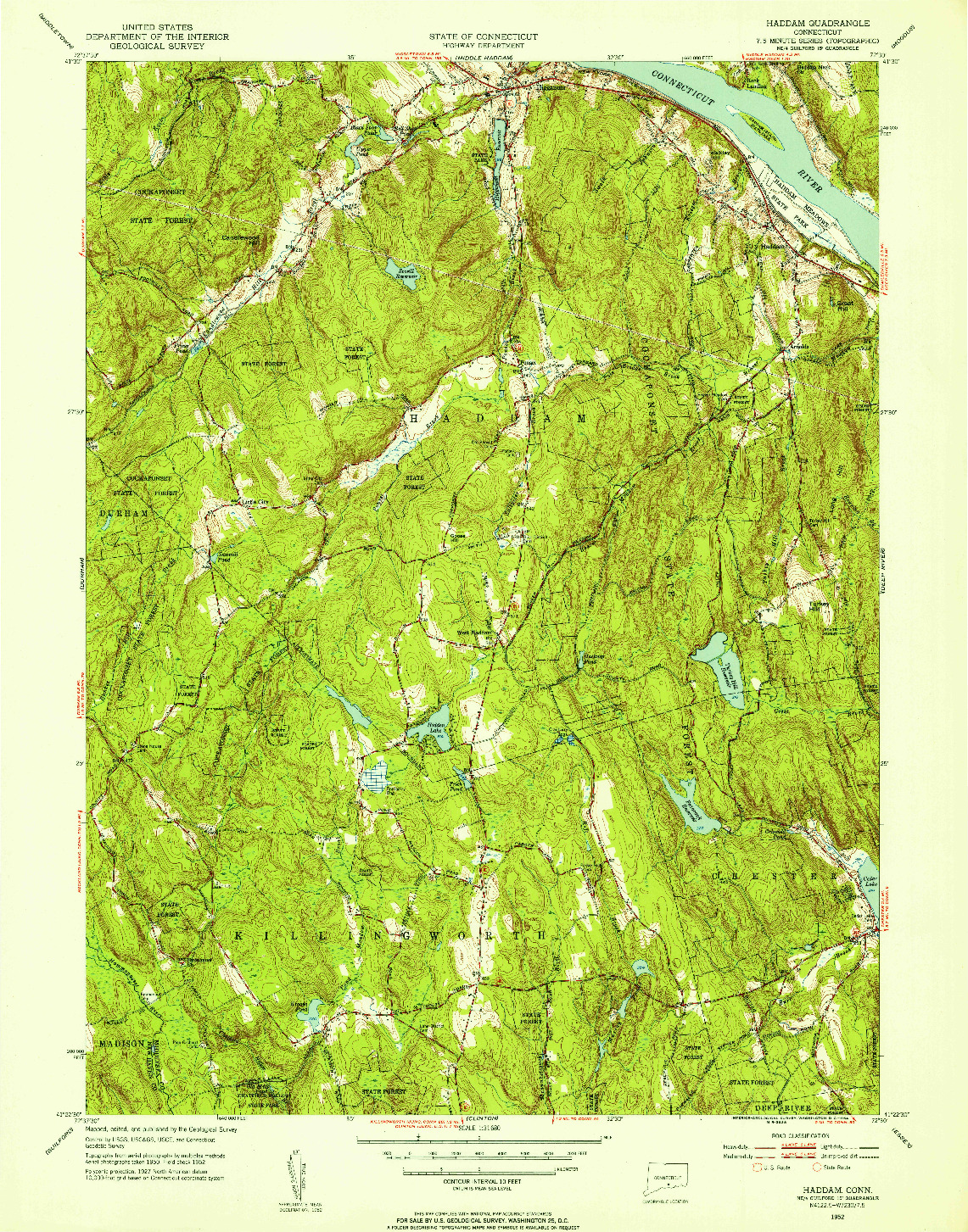 USGS 1:31680-SCALE QUADRANGLE FOR HADDAM, CT 1952