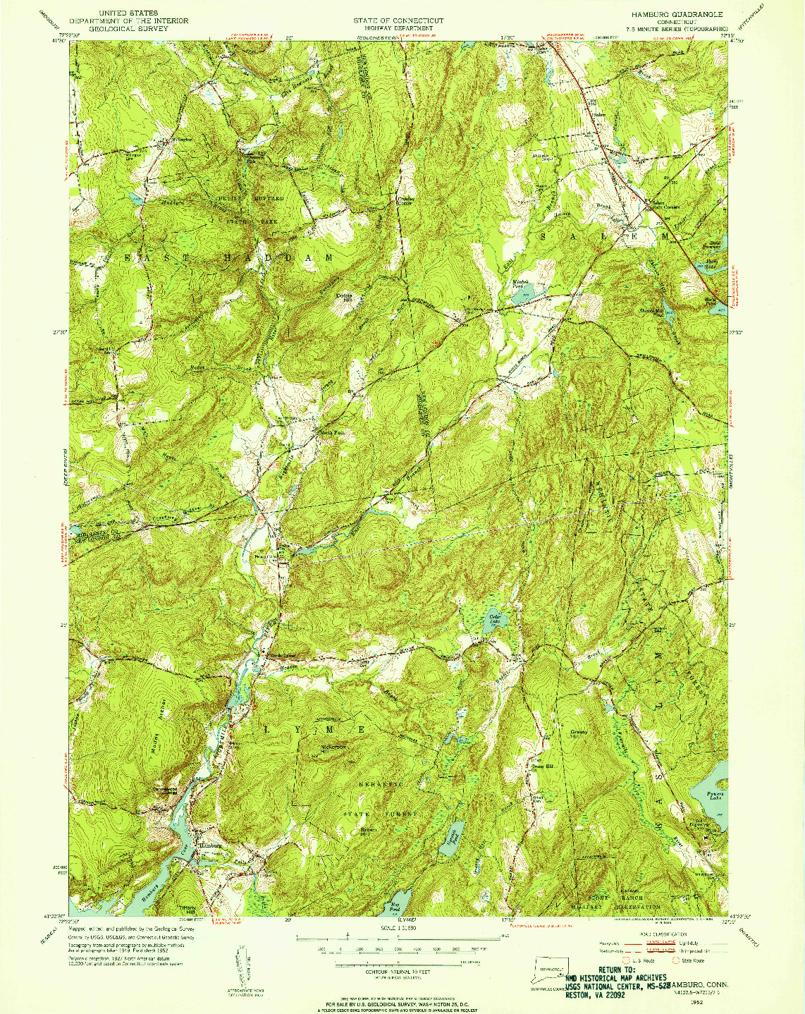 USGS 1:31680-SCALE QUADRANGLE FOR HAMBURG, CT 1952