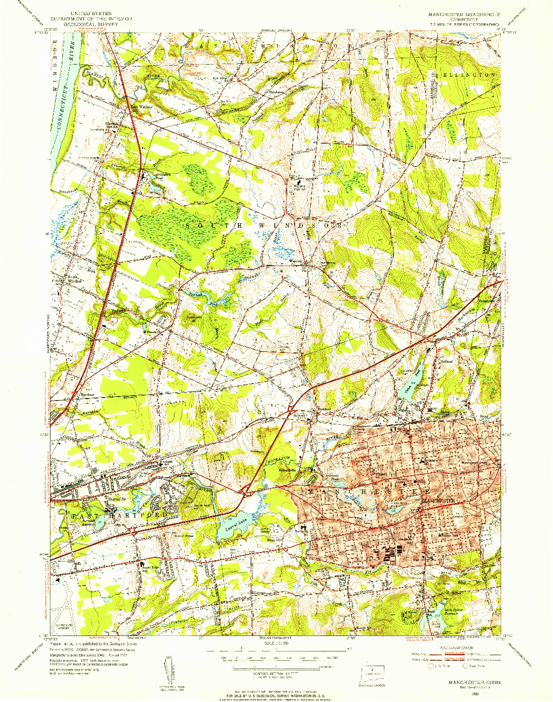 USGS 1:31680-SCALE QUADRANGLE FOR MANCHESTER, CT 1952