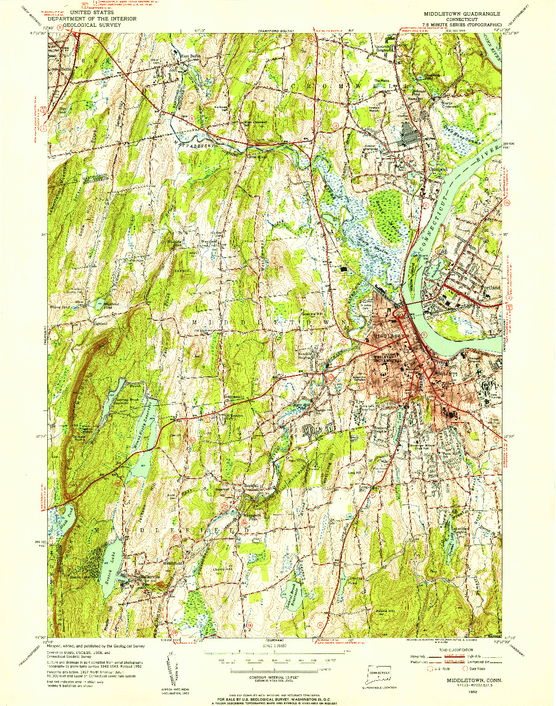 USGS 1:31680-SCALE QUADRANGLE FOR MIDDLETOWN, CT 1952