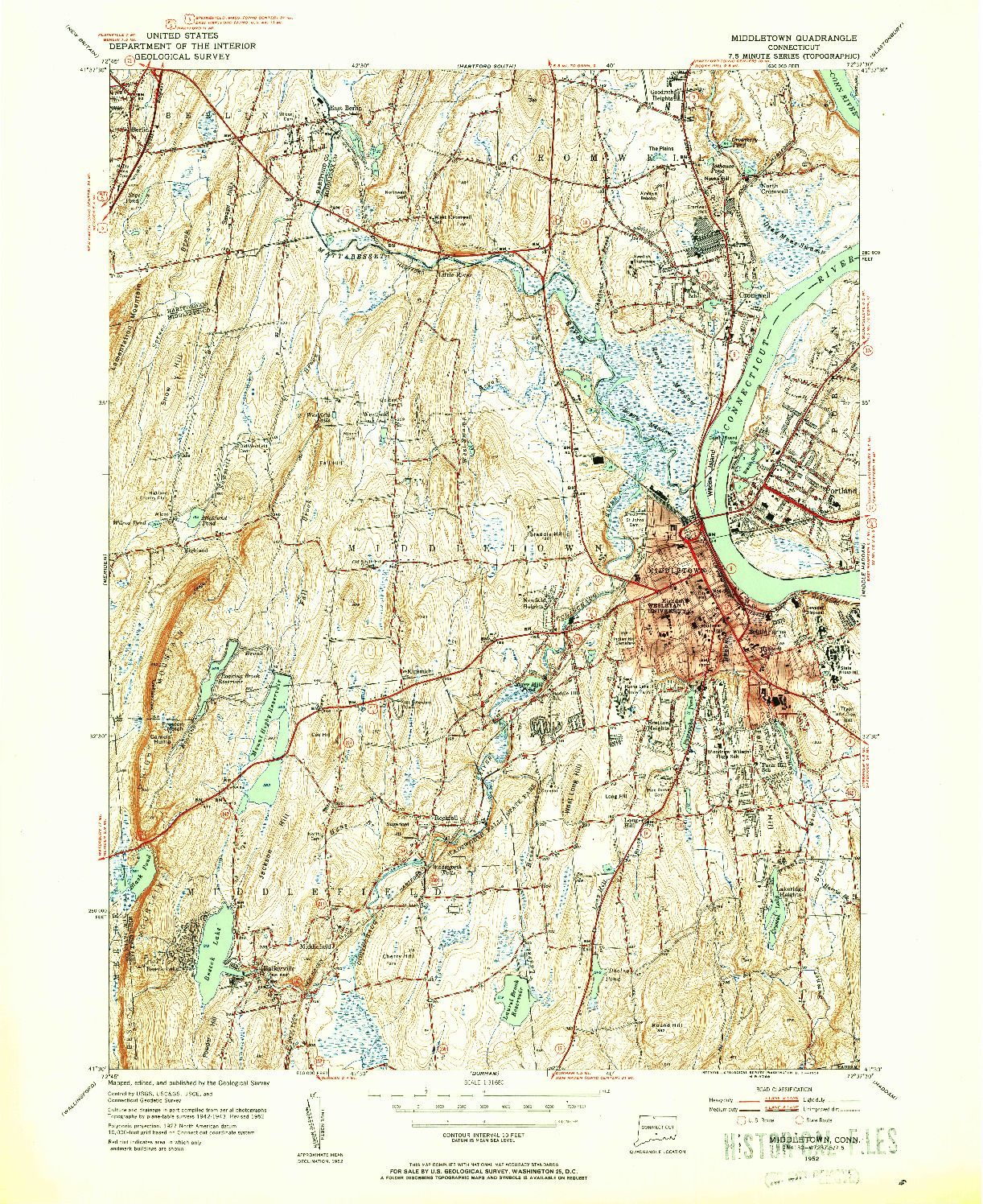 USGS 1:31680-SCALE QUADRANGLE FOR MIDDLETOWN, CT 1952