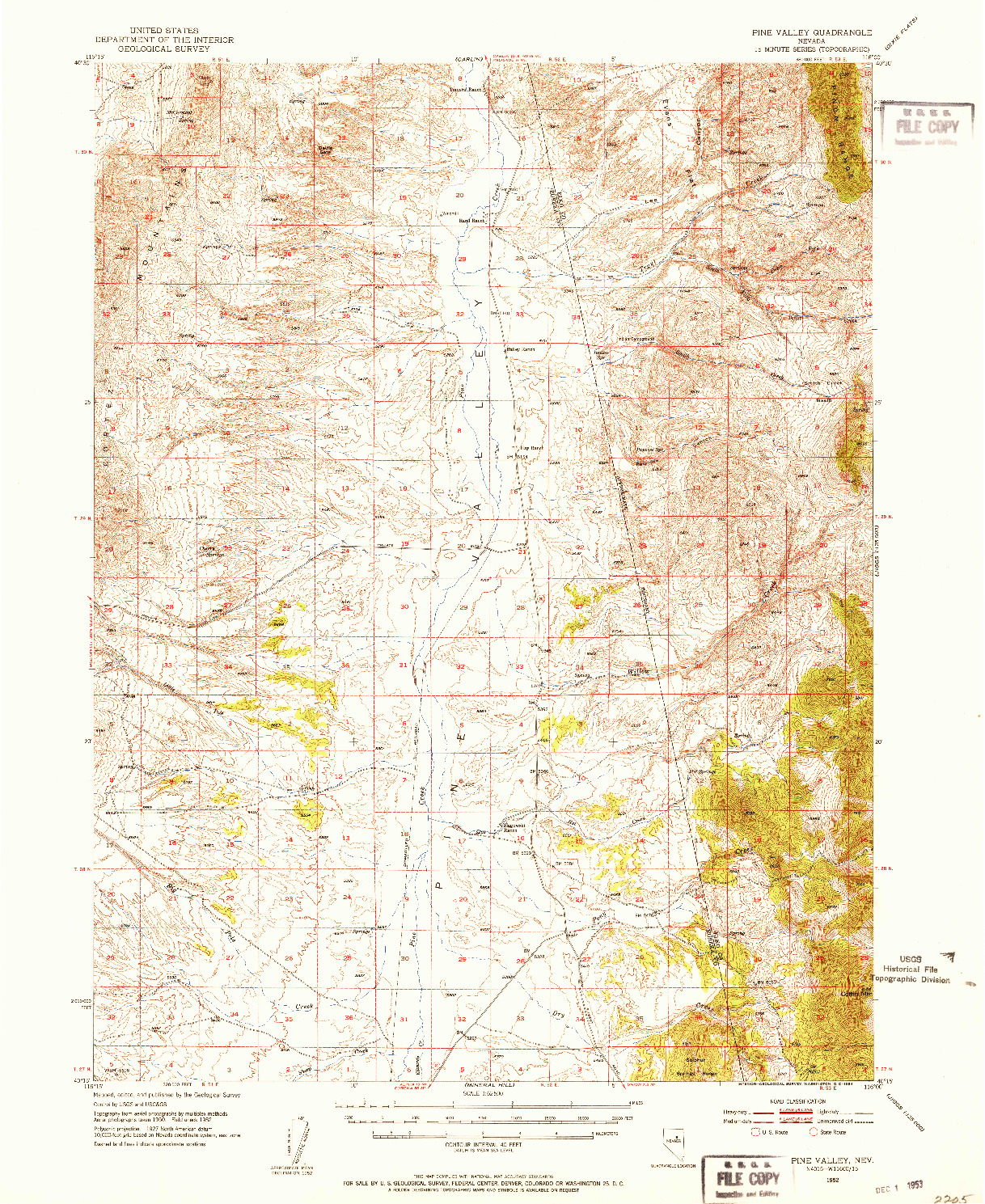 USGS 1:62500-SCALE QUADRANGLE FOR PINE VALLEY, NV 1952
