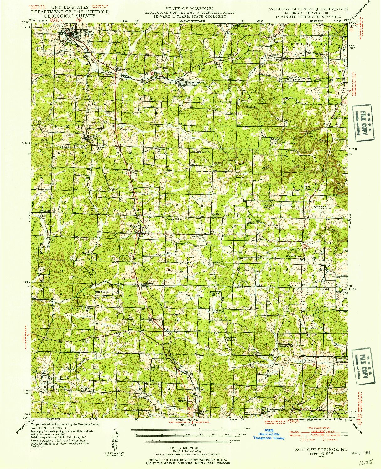 USGS 1:62500-SCALE QUADRANGLE FOR WILLOW SPRINGS, MO 1945