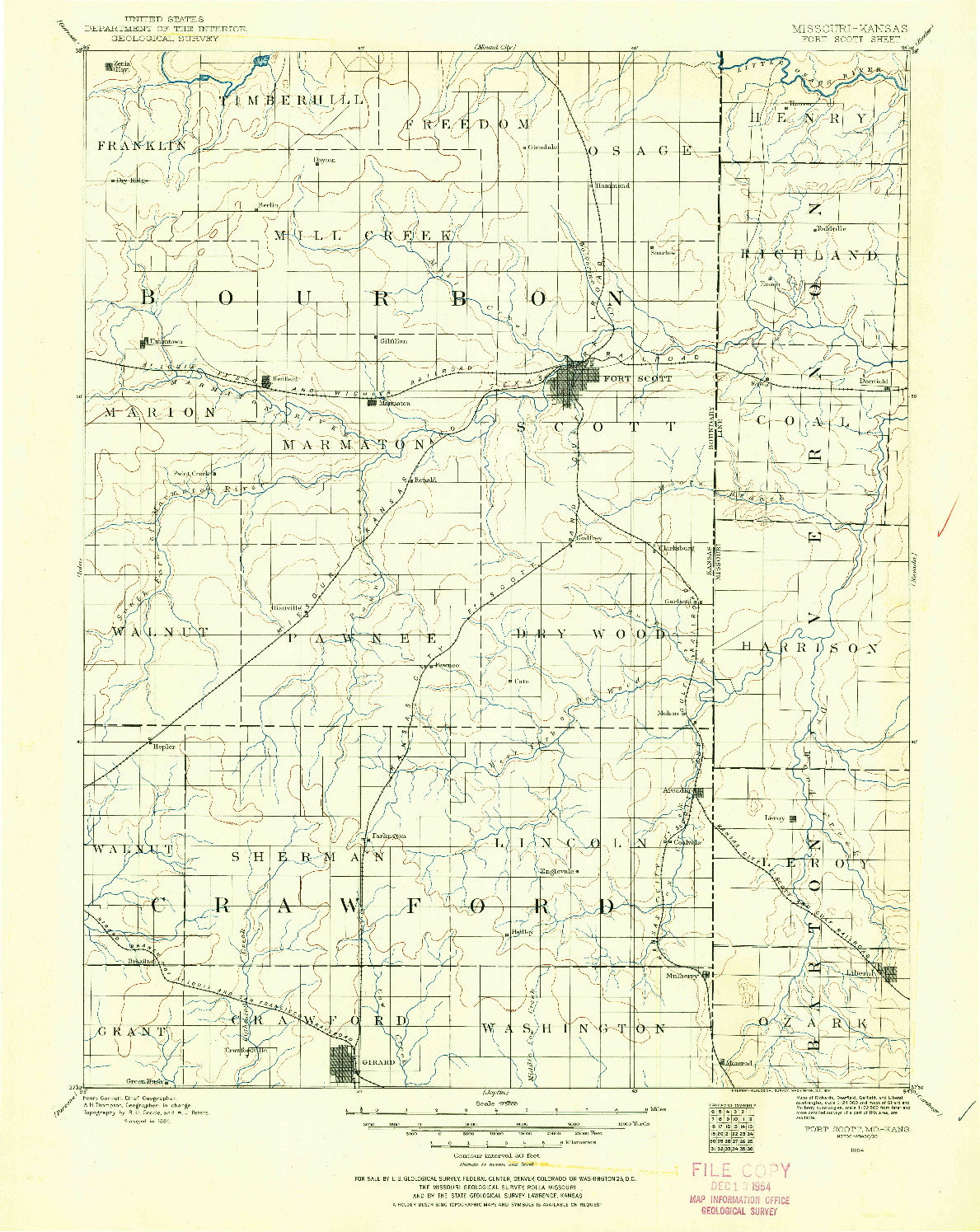 USGS 1:125000-SCALE QUADRANGLE FOR FORT SCOTT, MO 1884