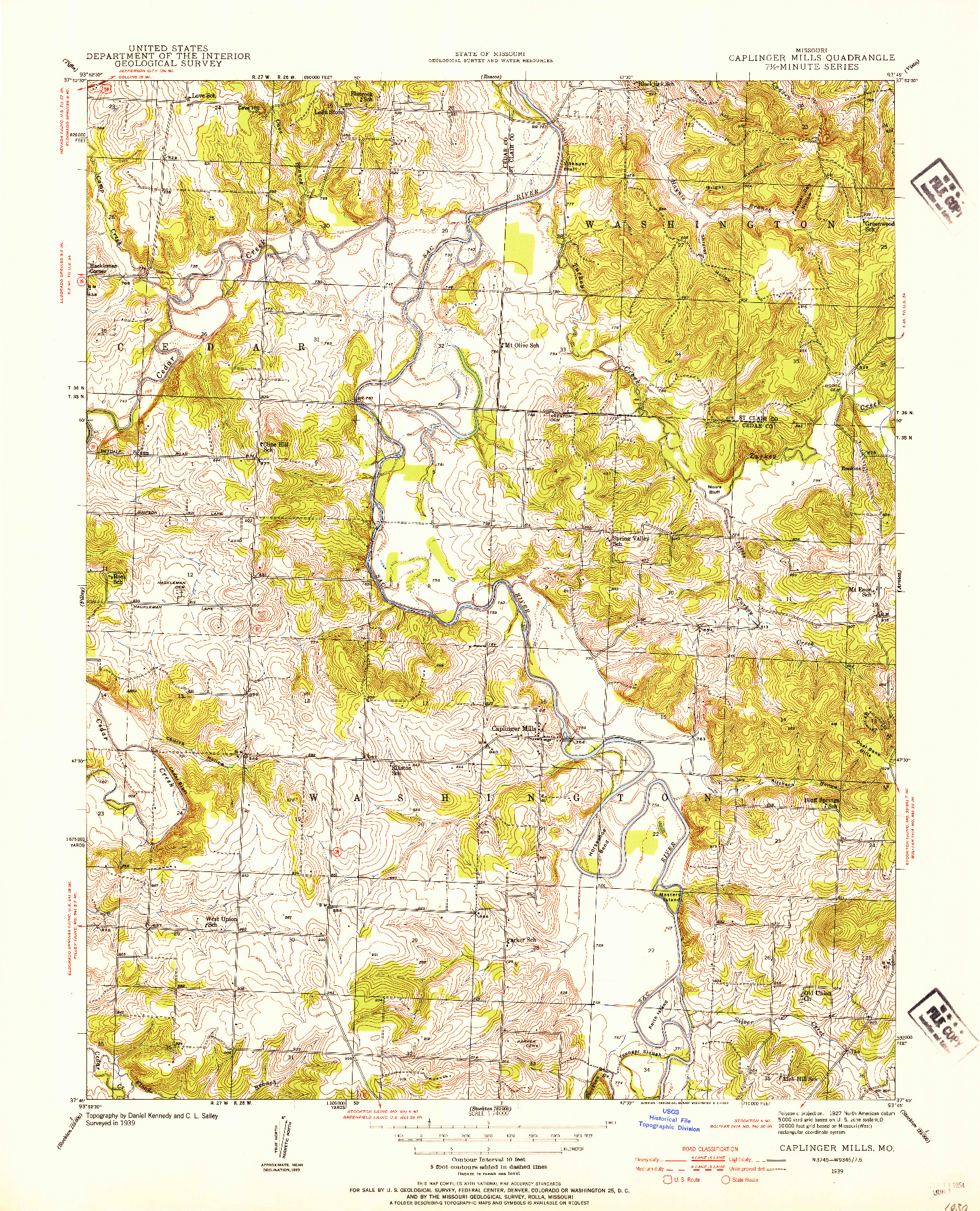 USGS 1:24000-SCALE QUADRANGLE FOR CAPLINGER MILLS, MO 1939