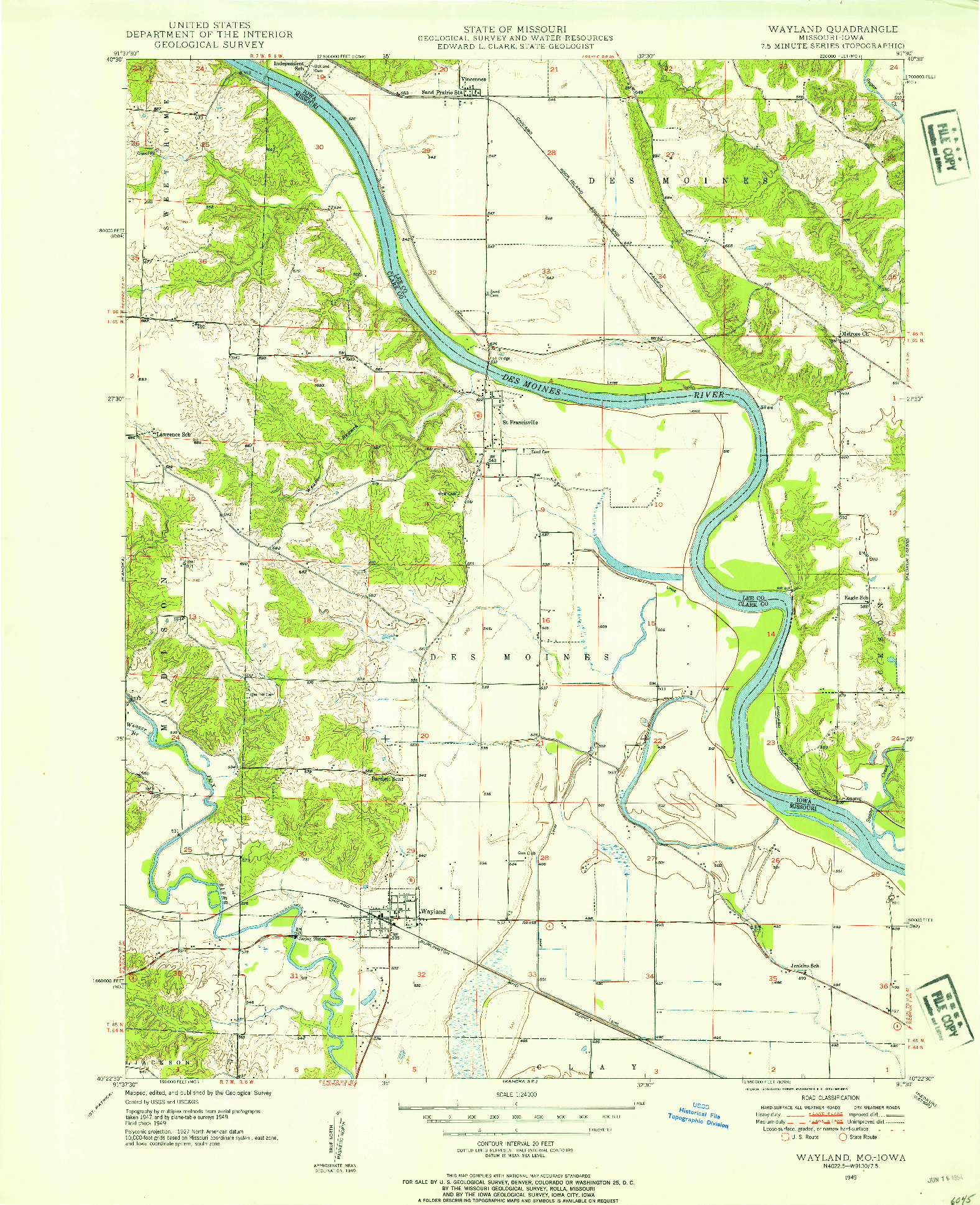 USGS 1:24000-SCALE QUADRANGLE FOR WAYLAND, MO 1949