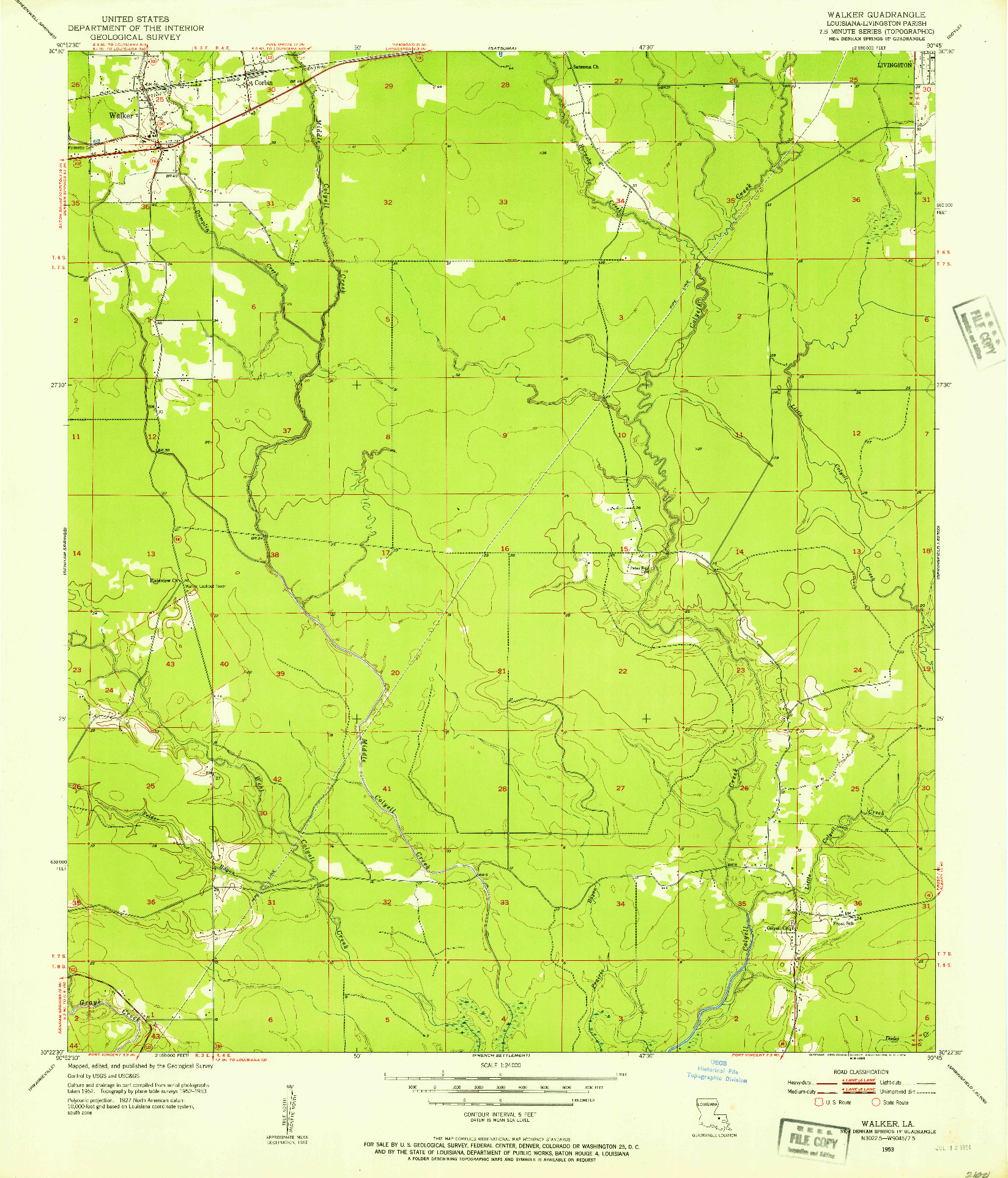 USGS 1:24000-SCALE QUADRANGLE FOR WALKER, LA 1953