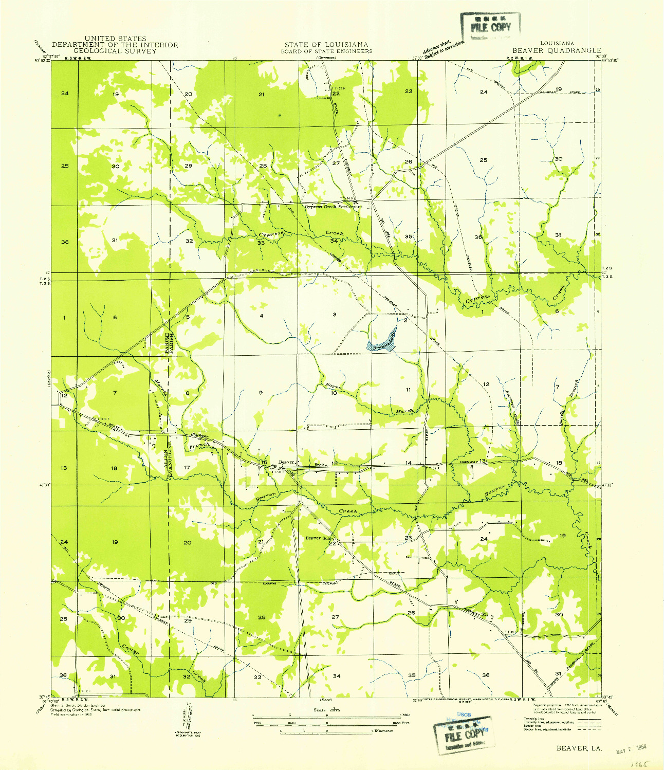 USGS 1:31680-SCALE QUADRANGLE FOR BEAVER, LA 1954