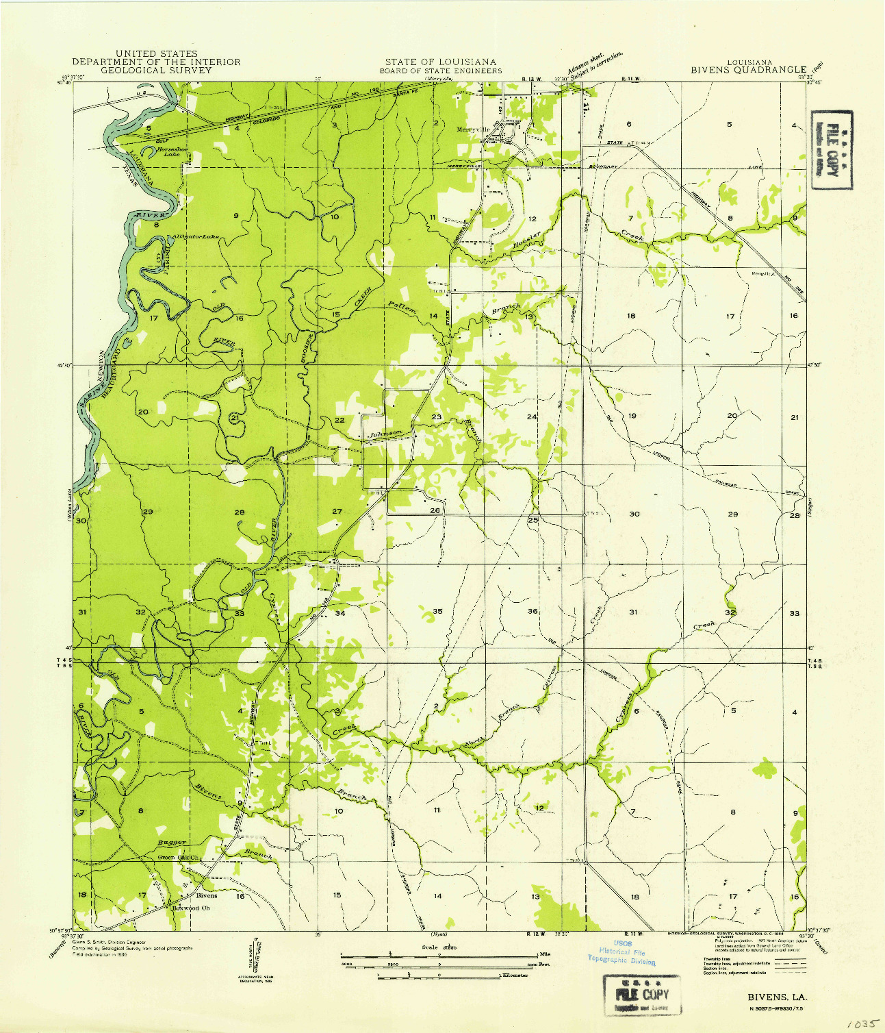 USGS 1:31680-SCALE QUADRANGLE FOR BIVENS, LA 1954