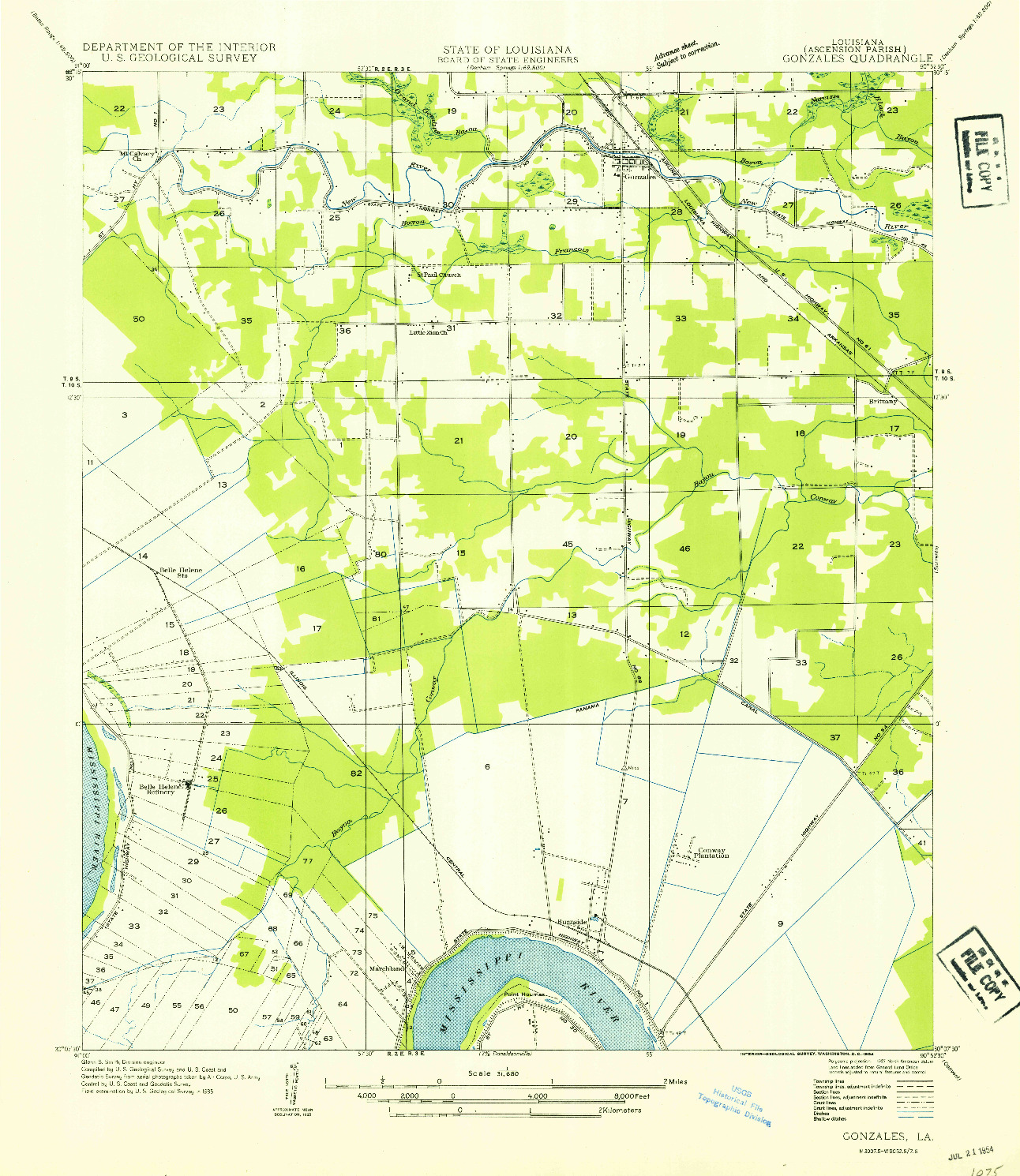USGS 1:31680-SCALE QUADRANGLE FOR GONZALES, LA 1954