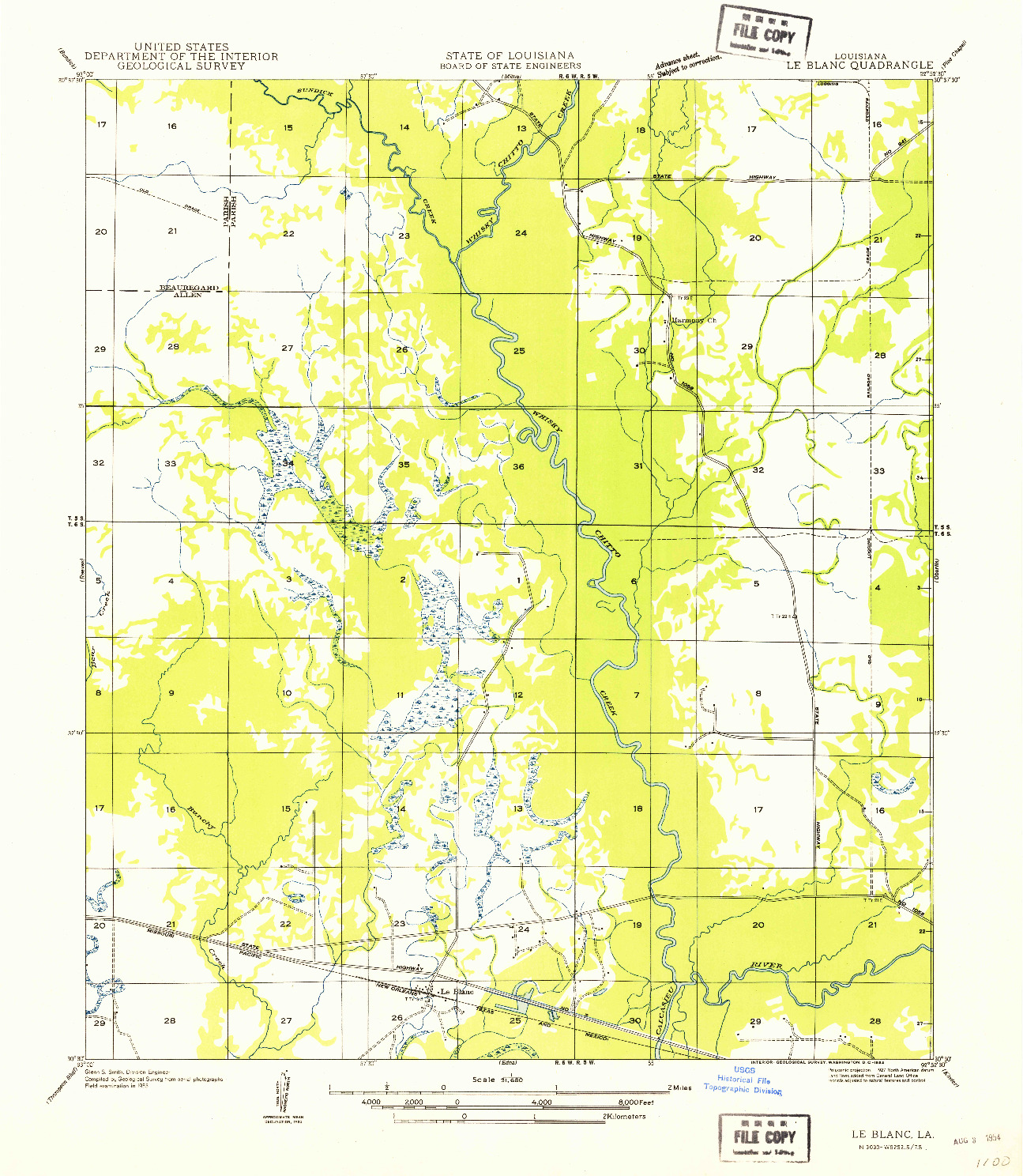 USGS 1:31680-SCALE QUADRANGLE FOR LE BLANC, LA 1954