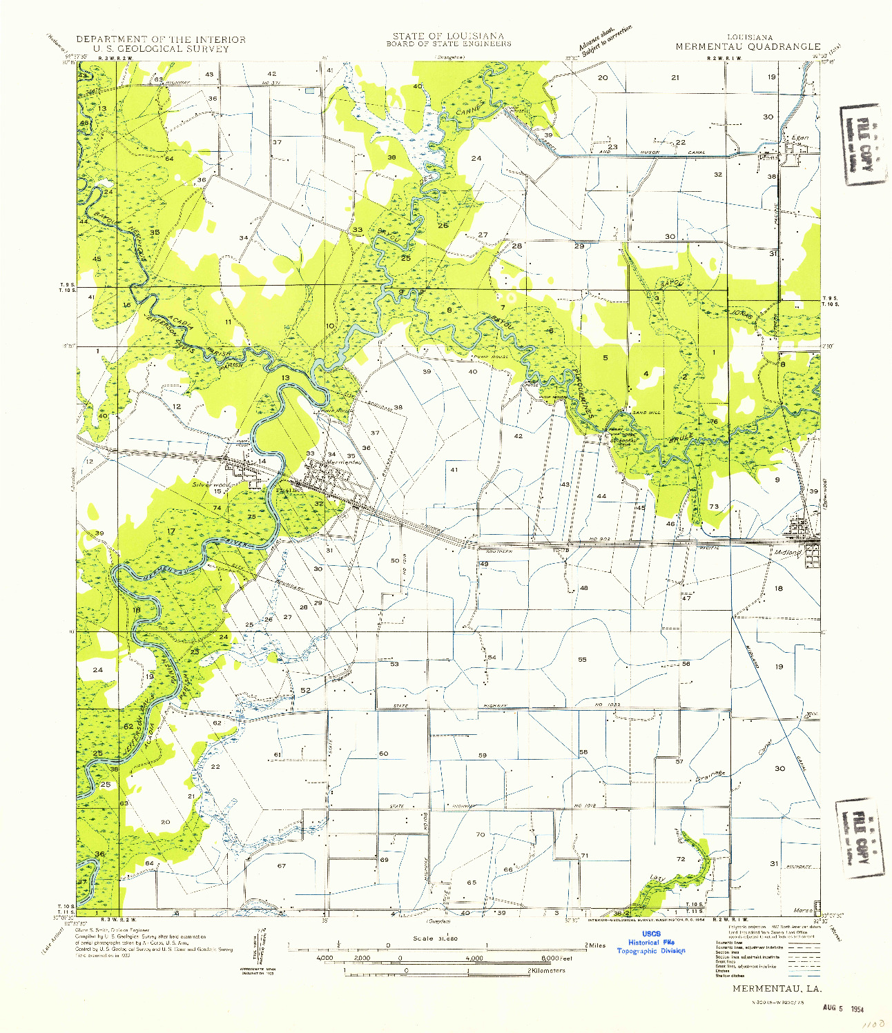 USGS 1:31680-SCALE QUADRANGLE FOR MERMENTAU, LA 1954