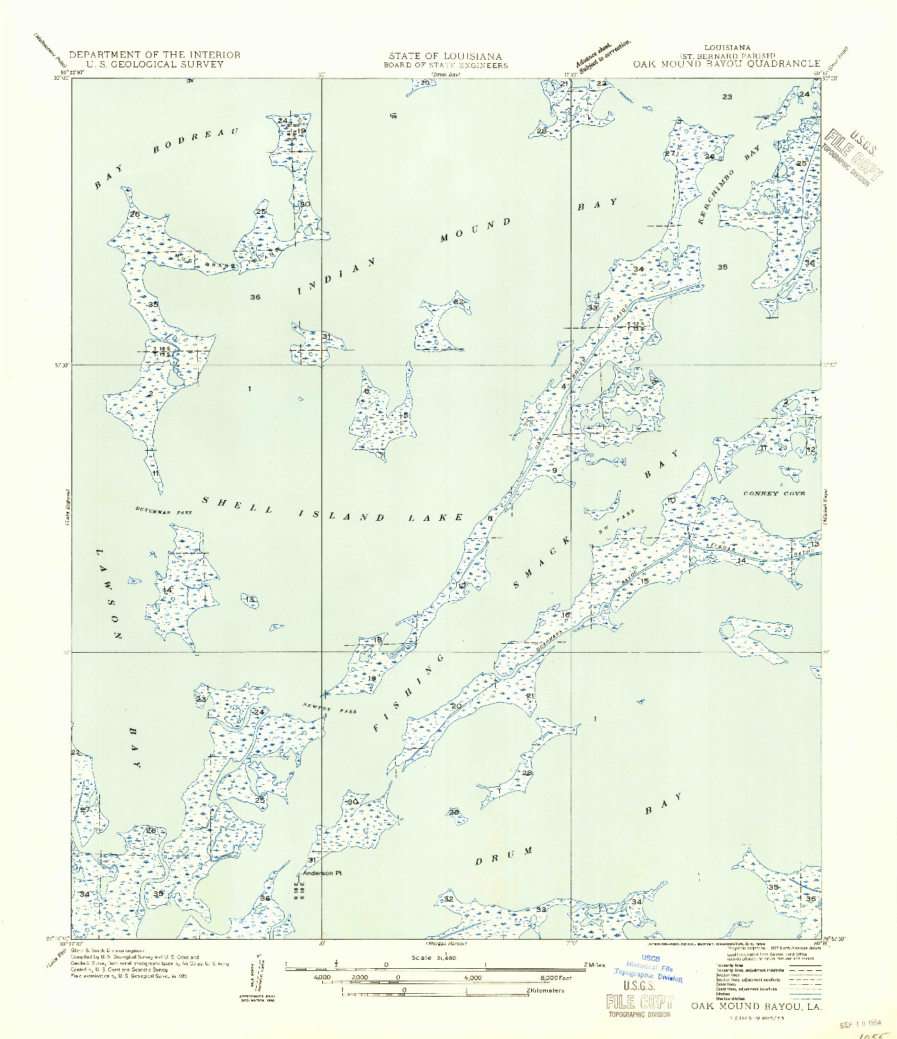 USGS 1:31680-SCALE QUADRANGLE FOR OAK MOUND BAYOU, LA 1954