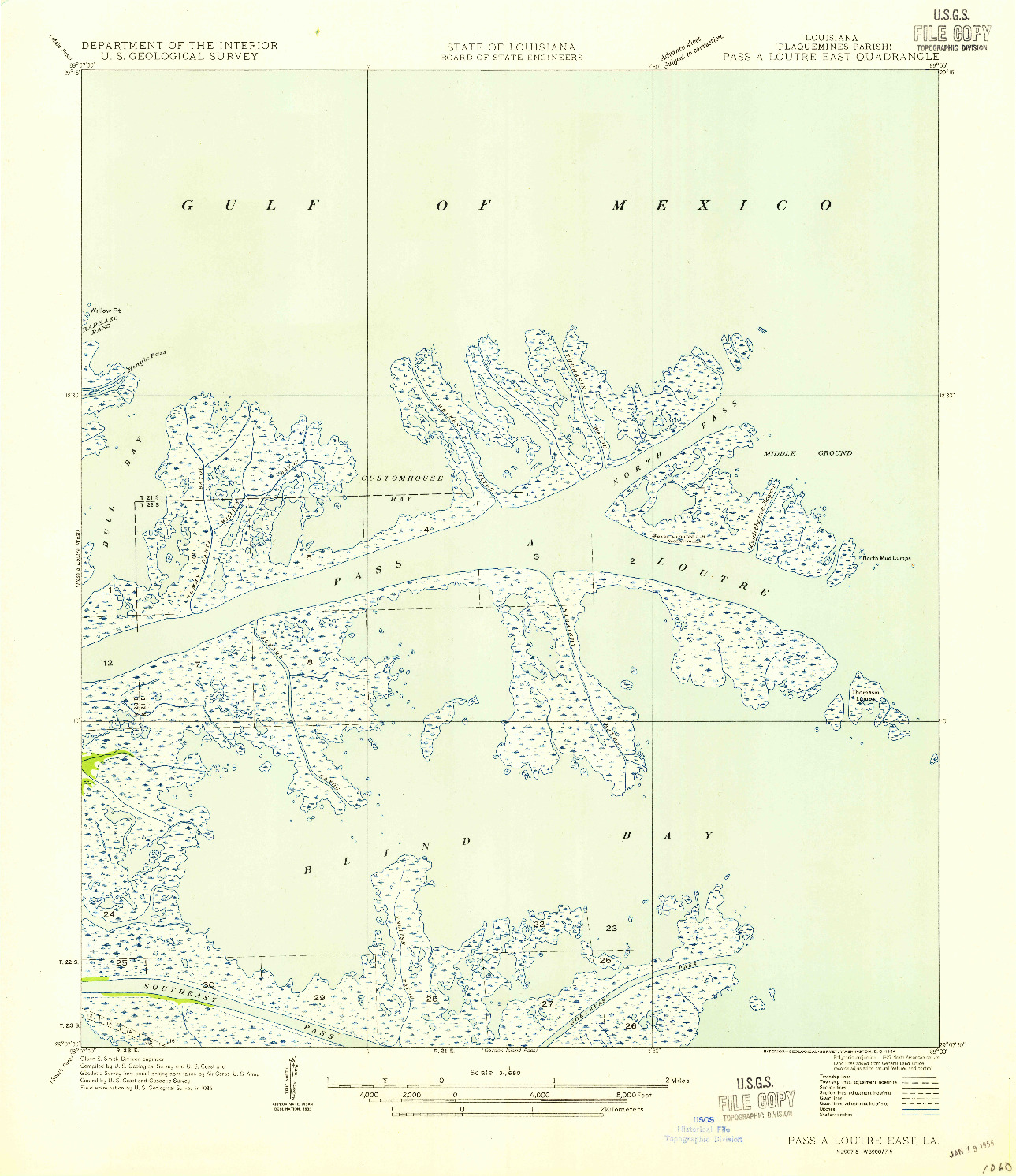 USGS 1:31680-SCALE QUADRANGLE FOR PASS A LOUTRE EAST, LA 1954