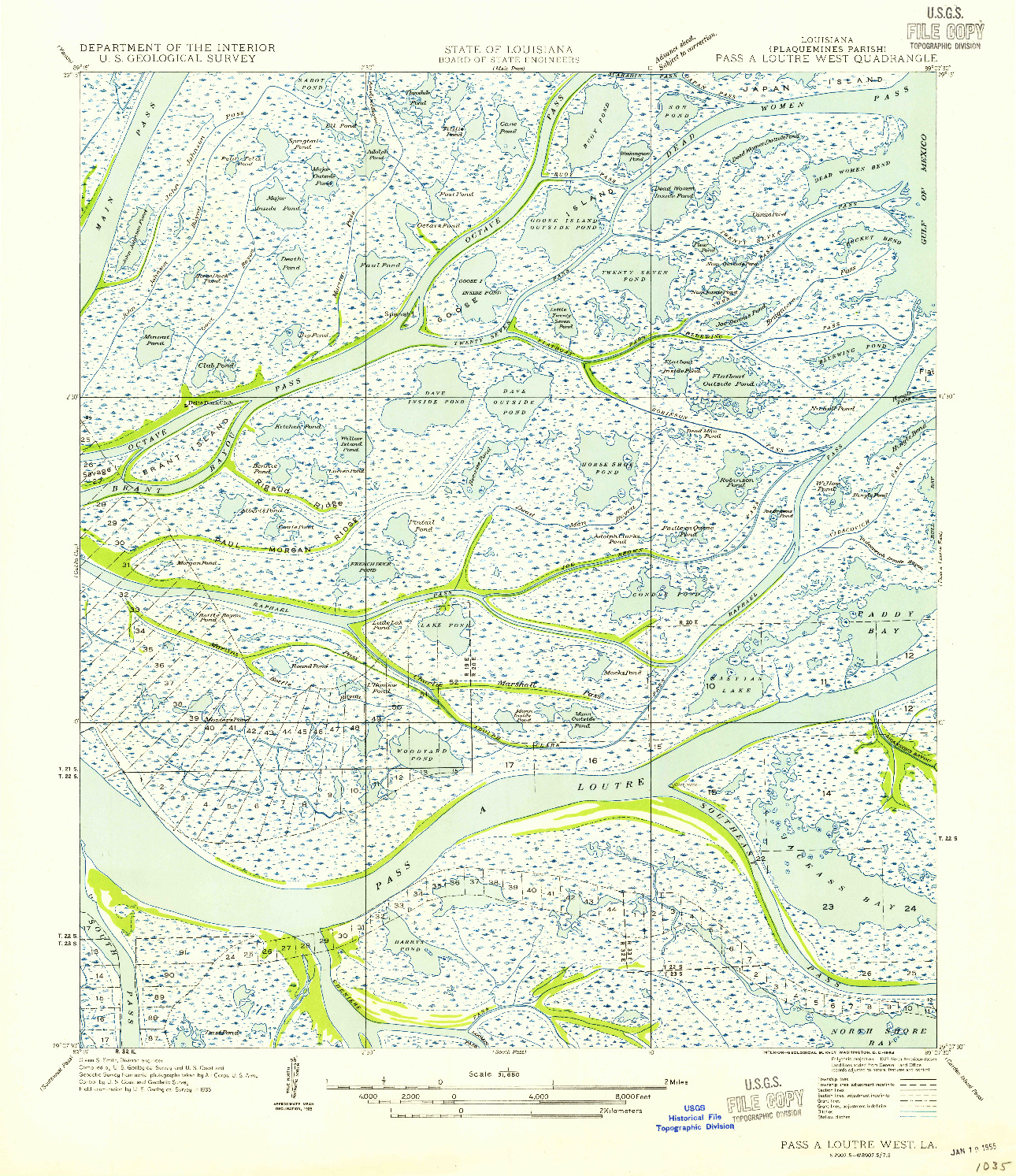 USGS 1:31680-SCALE QUADRANGLE FOR PASS A LOUTRE WEST, LA 1954