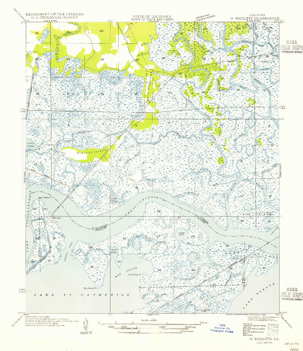 USGS 1:31680-SCALE QUADRANGLE FOR RIGOLETS, LA 1954