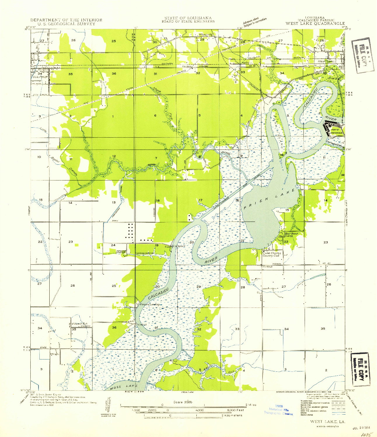 USGS 1:31680-SCALE QUADRANGLE FOR WEST LAKE, LA 1954