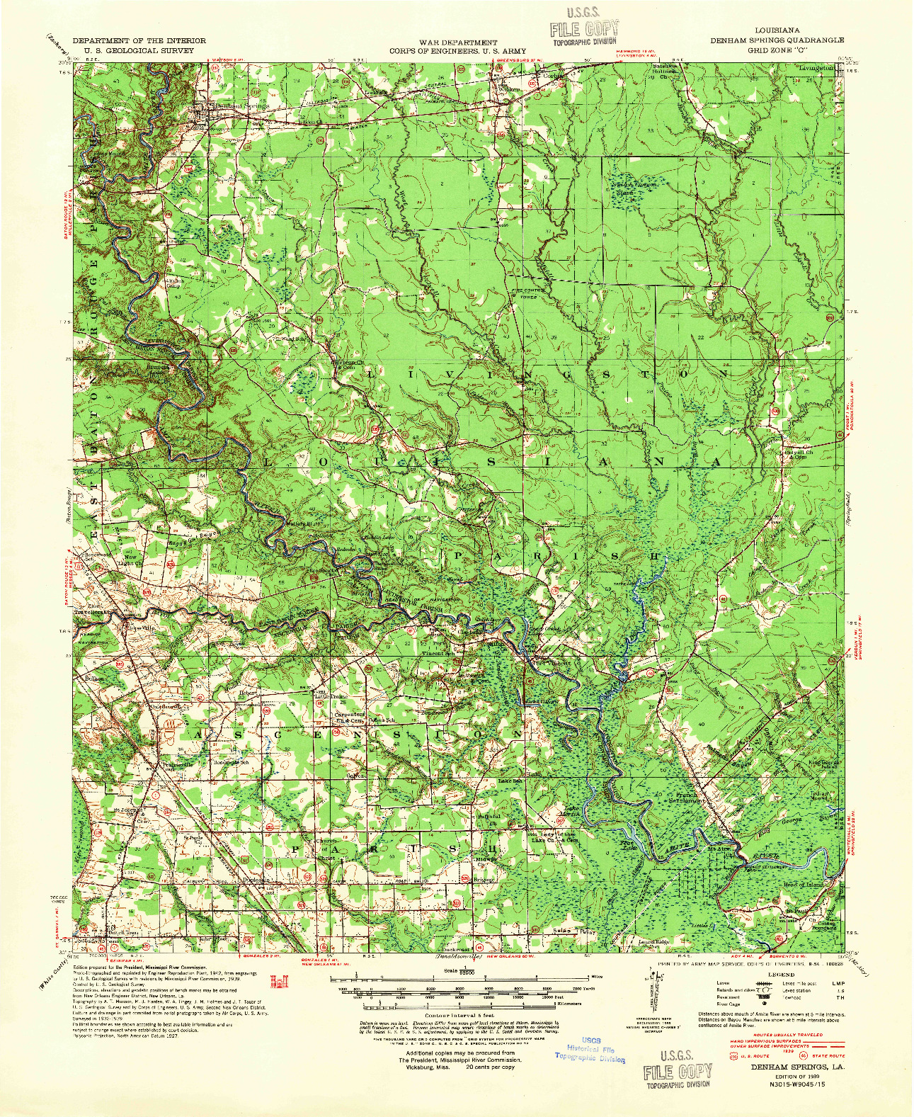 USGS 1:62500-SCALE QUADRANGLE FOR DENHAM SPRINGS, LA 1939