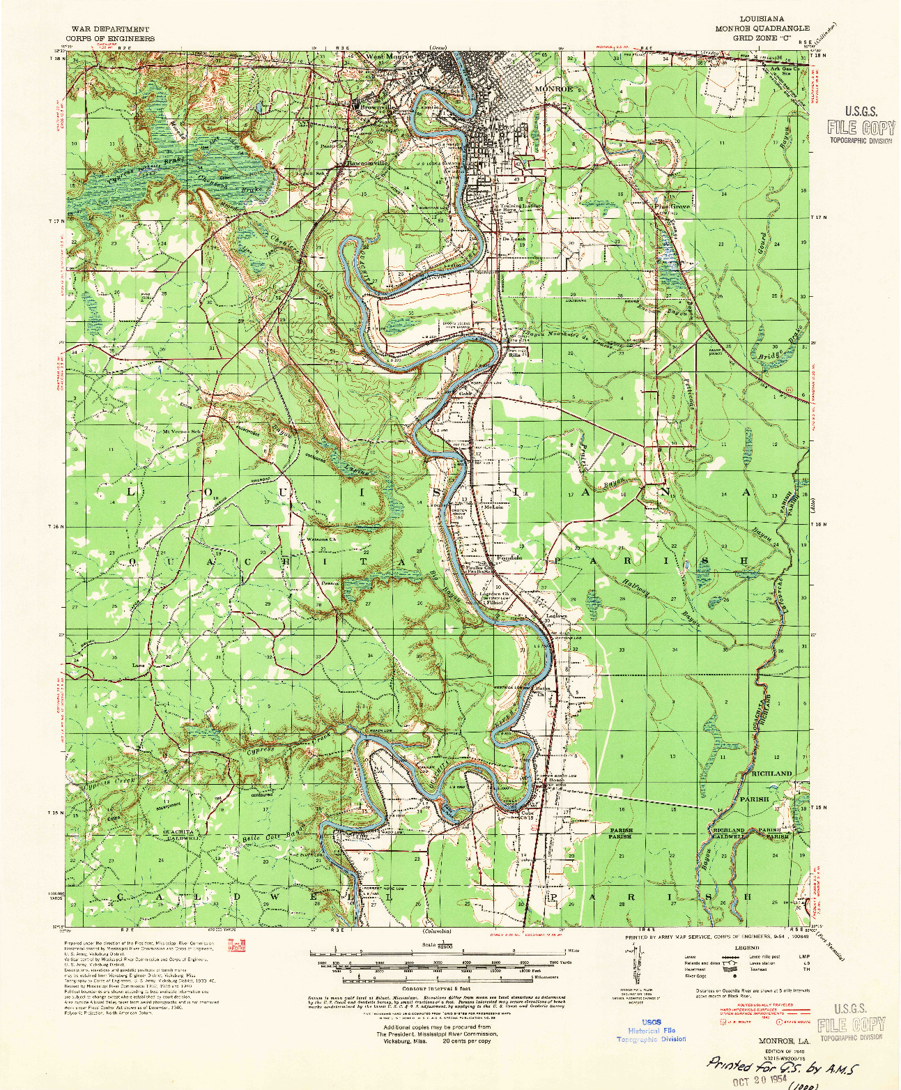 USGS 1:62500-SCALE QUADRANGLE FOR MONROE, LA 1940