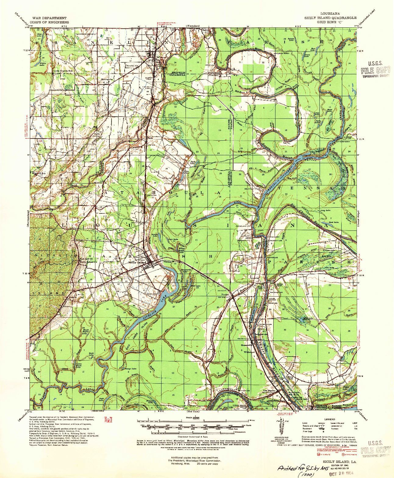 USGS 1:62500-SCALE QUADRANGLE FOR SICILY ISLAND, LA 1941