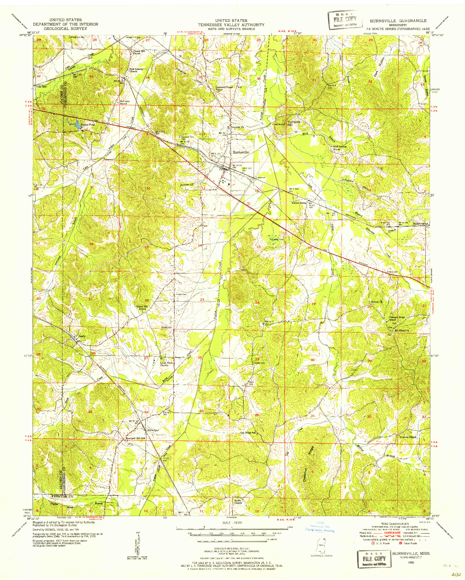 USGS 1:24000-SCALE QUADRANGLE FOR BURNSVILLE, MS 1950