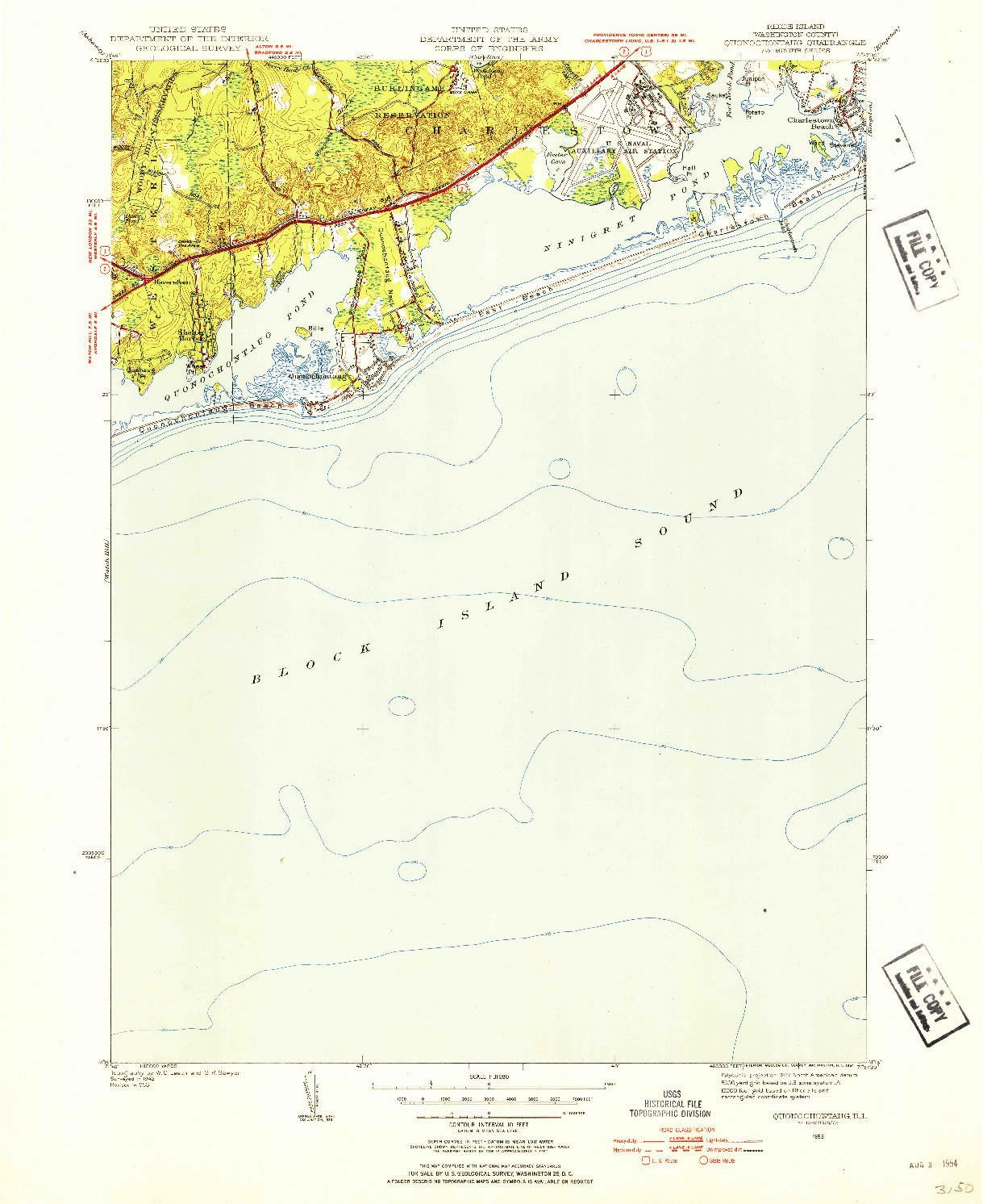 USGS 1:31680-SCALE QUADRANGLE FOR QUONOCHONTAUG, RI 1953