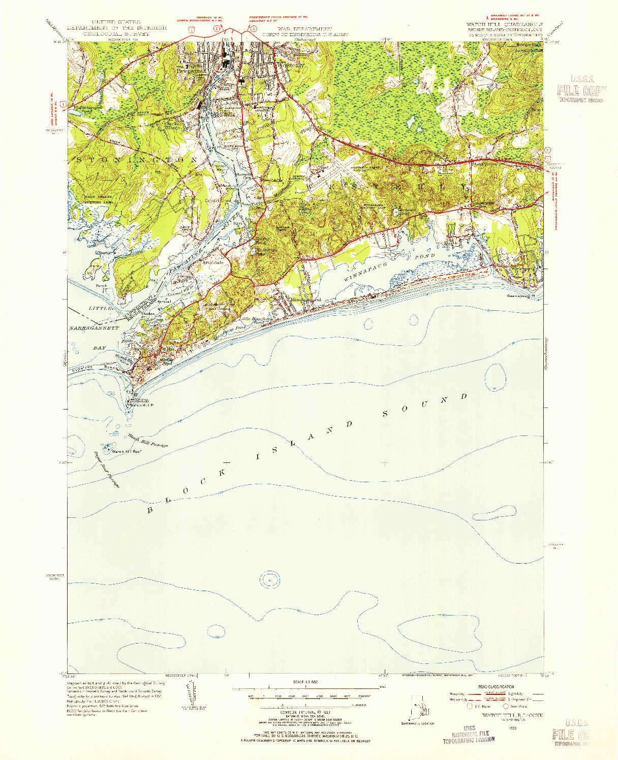 USGS 1:31680-SCALE QUADRANGLE FOR WATCH HILL, RI 1953