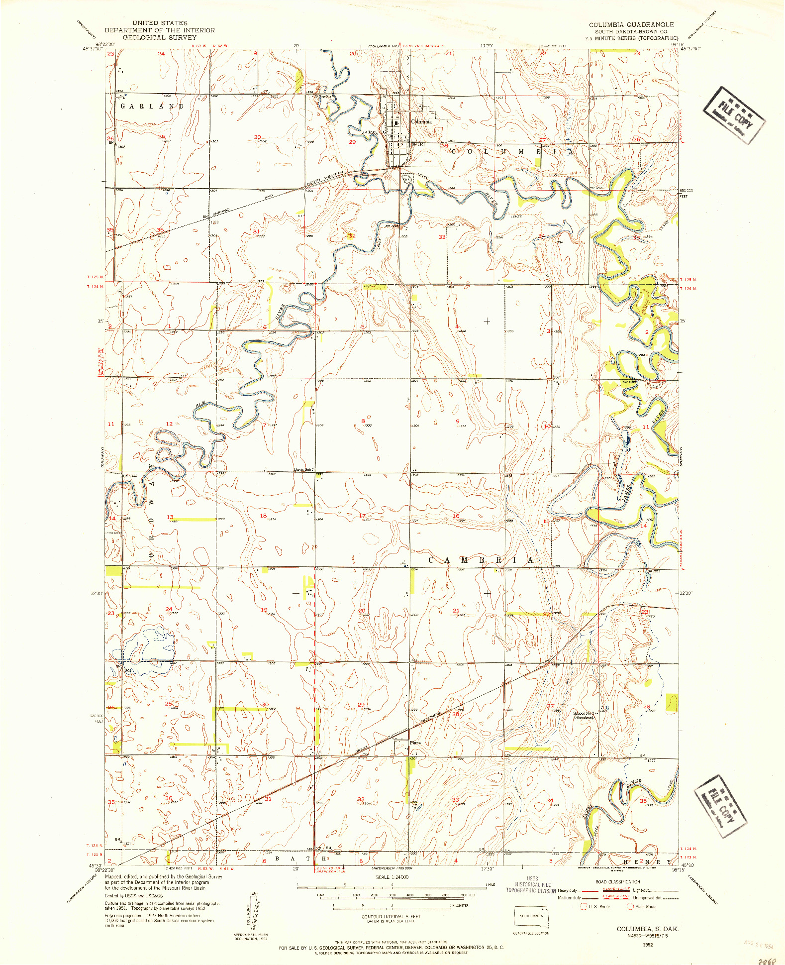 USGS 1:24000-SCALE QUADRANGLE FOR COLUMBIA, SD 1952