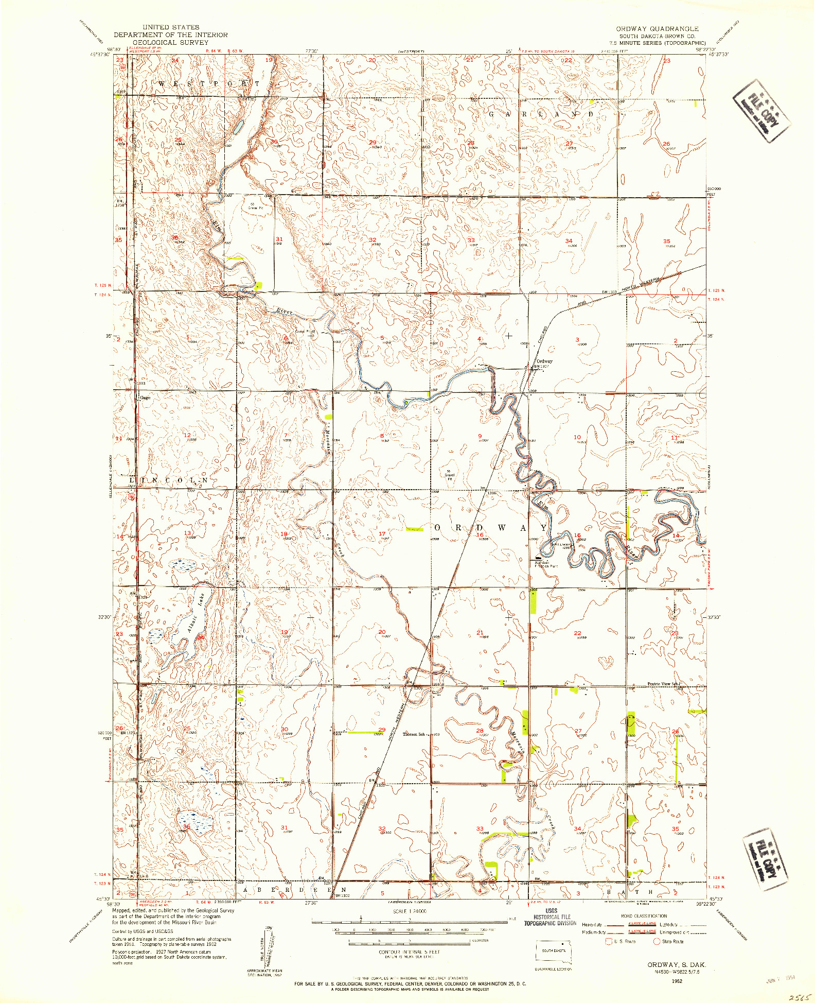 USGS 1:24000-SCALE QUADRANGLE FOR ORDWAY, SD 1952
