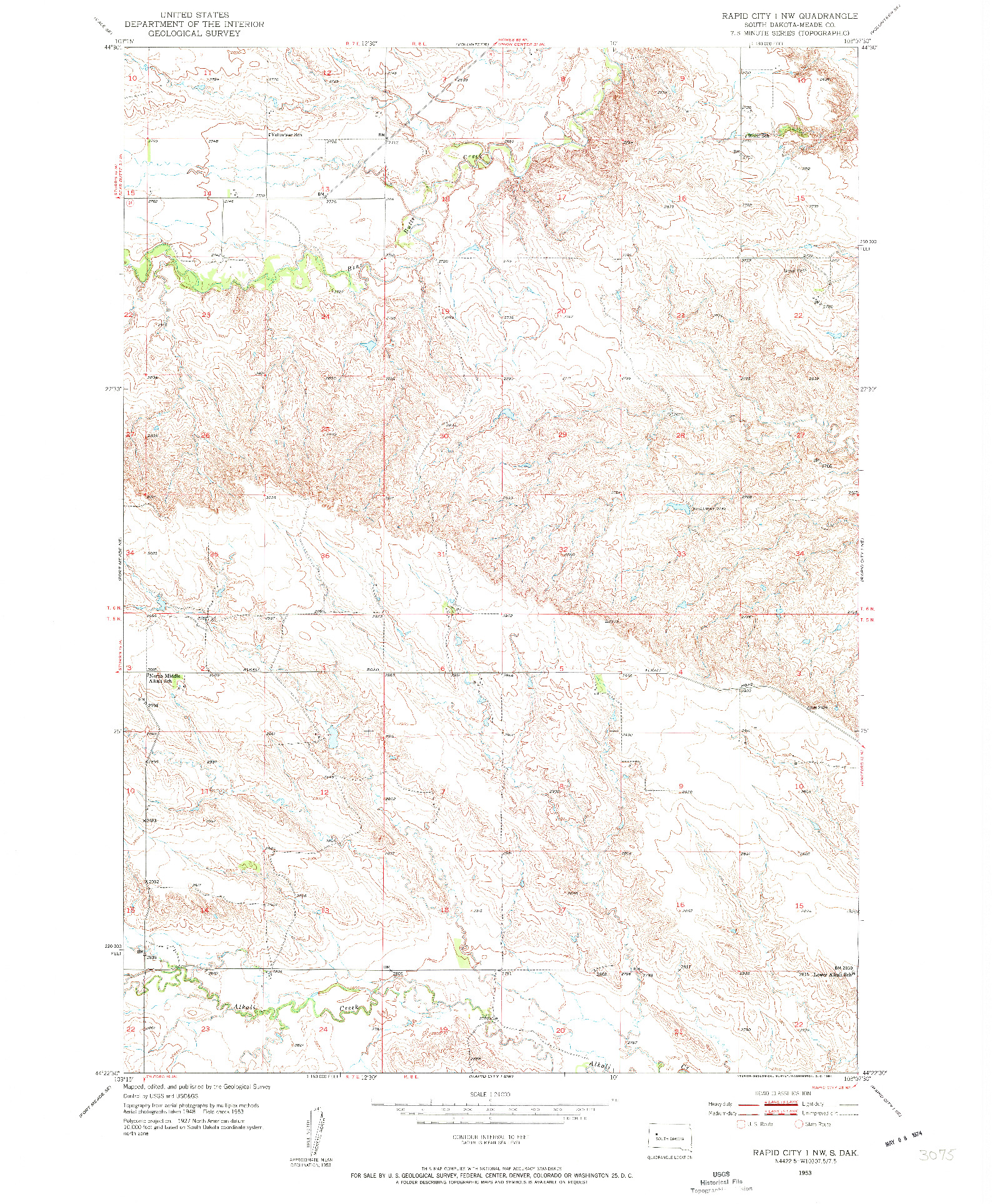 USGS 1:24000-SCALE QUADRANGLE FOR RAPID CITY 1 NW, SD 1953