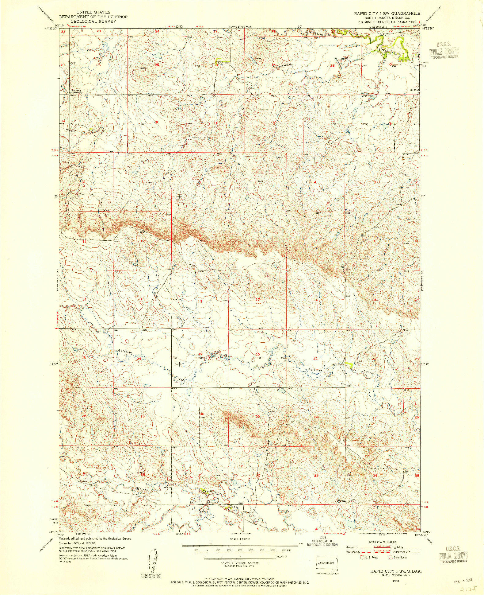 USGS 1:24000-SCALE QUADRANGLE FOR RAPID CITY 1 SW, SD 1953