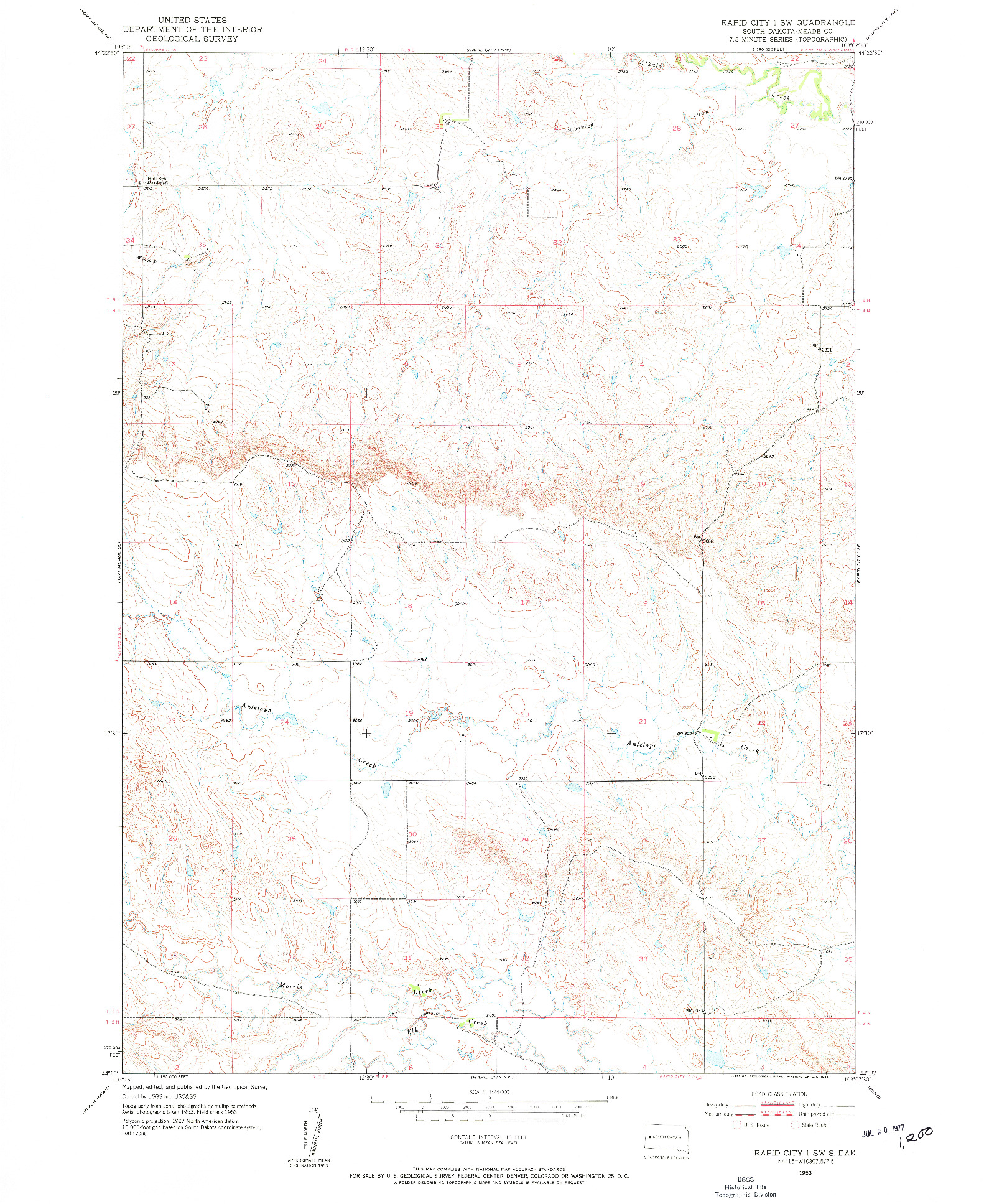 USGS 1:24000-SCALE QUADRANGLE FOR RAPID CITY 1 SW, SD 1953