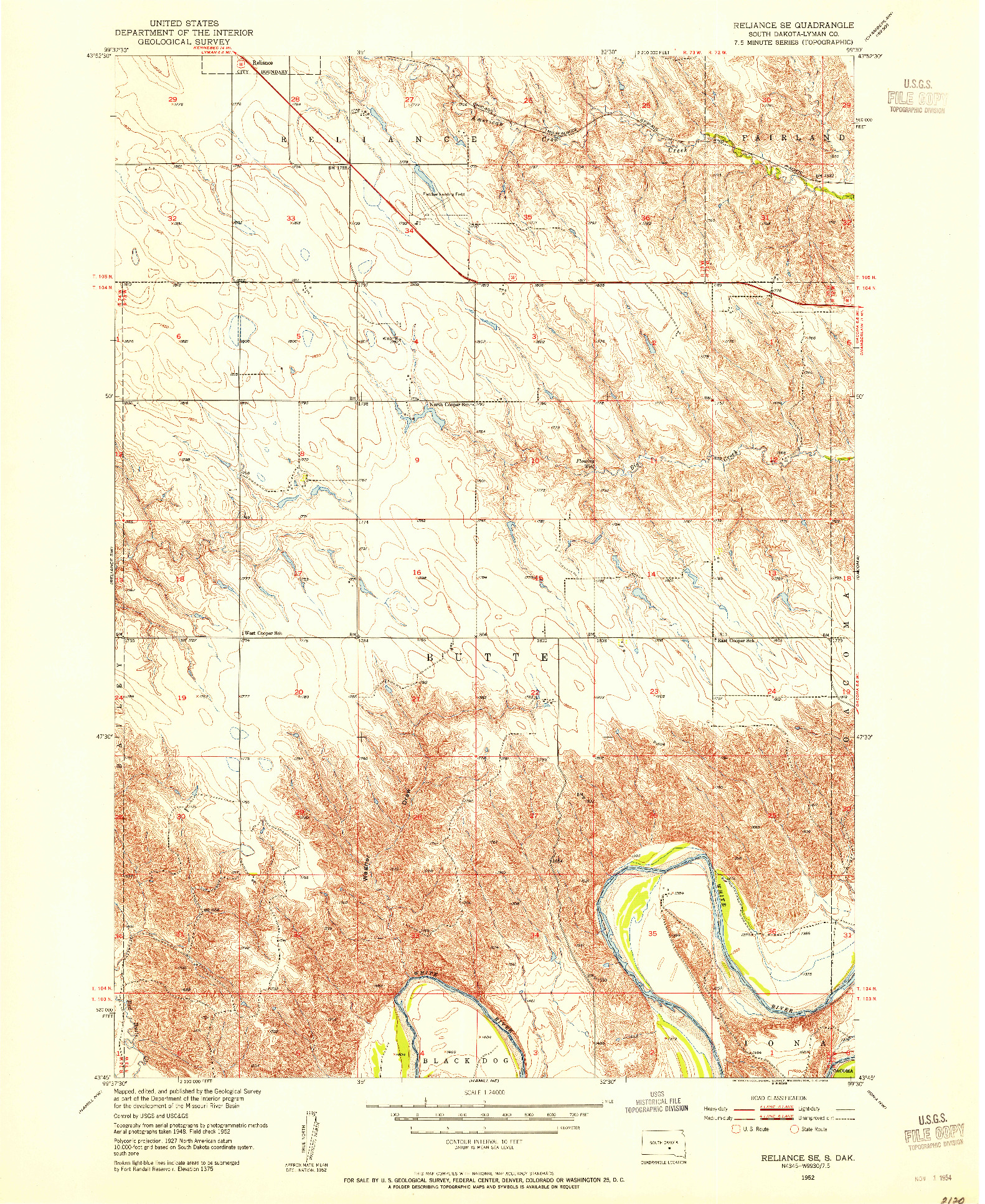 USGS 1:24000-SCALE QUADRANGLE FOR RELIANCE SE, SD 1952