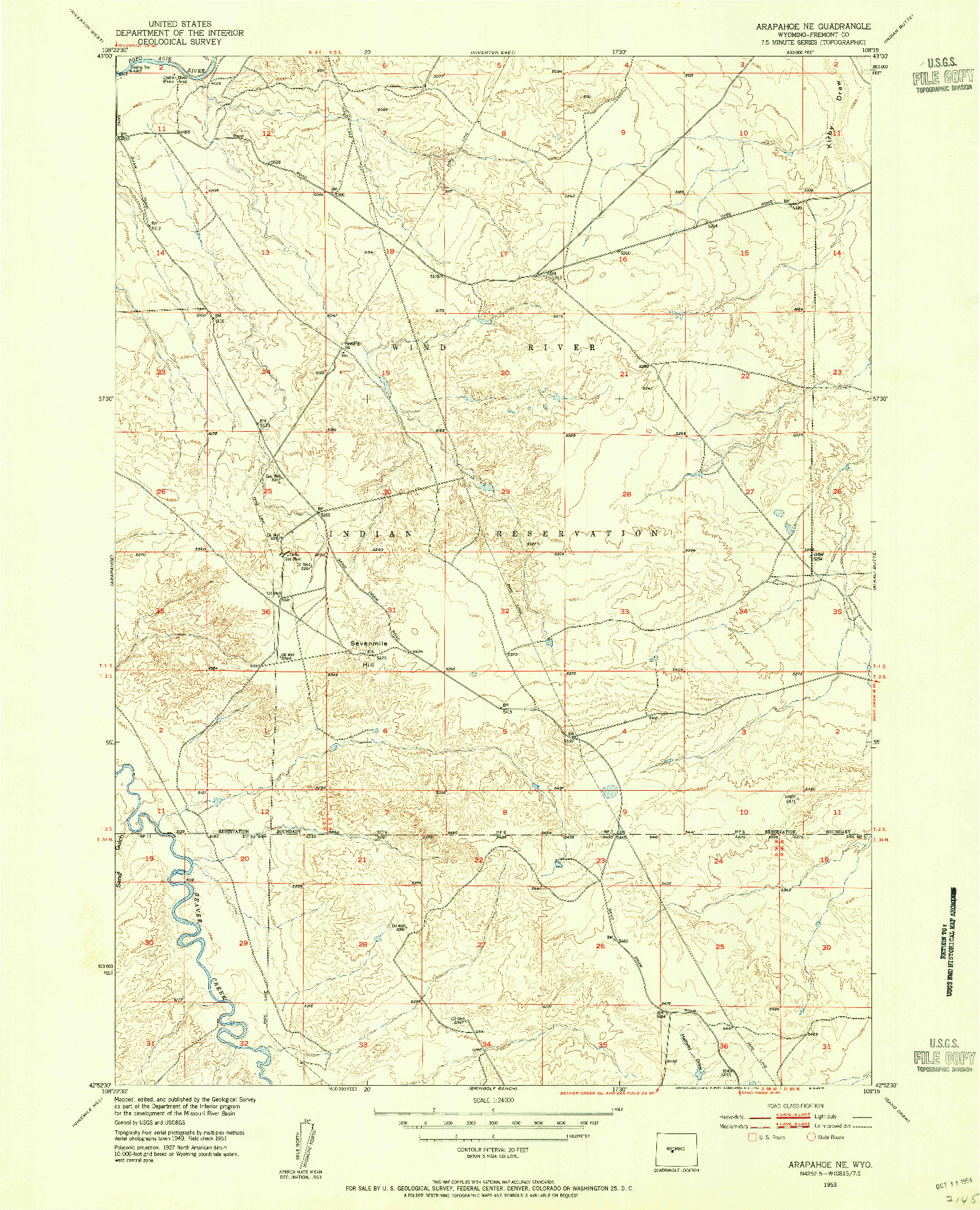 USGS 1:24000-SCALE QUADRANGLE FOR ARAPAHOE NE, WY 1953