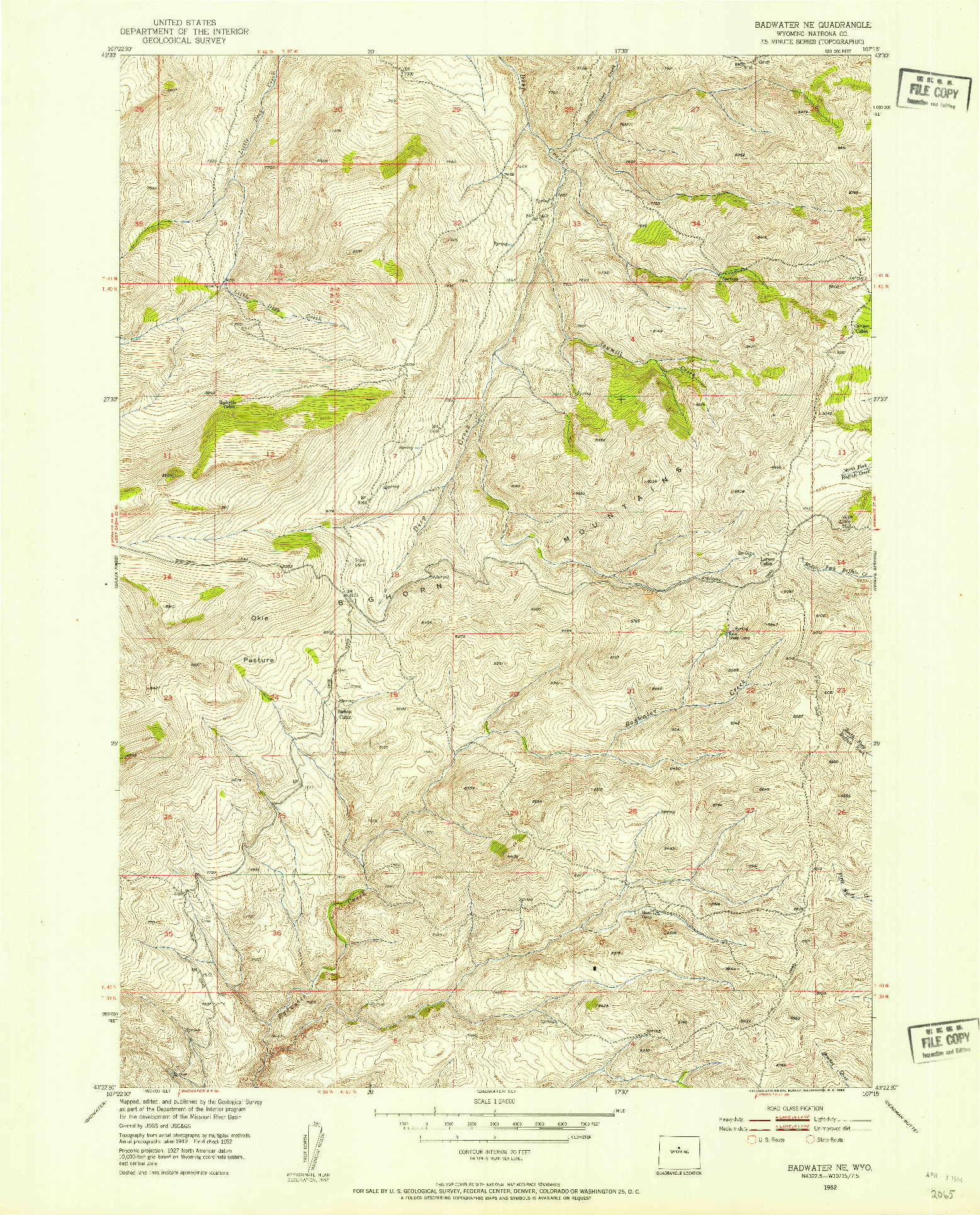 USGS 1:24000-SCALE QUADRANGLE FOR BADWATER NE, WY 1952