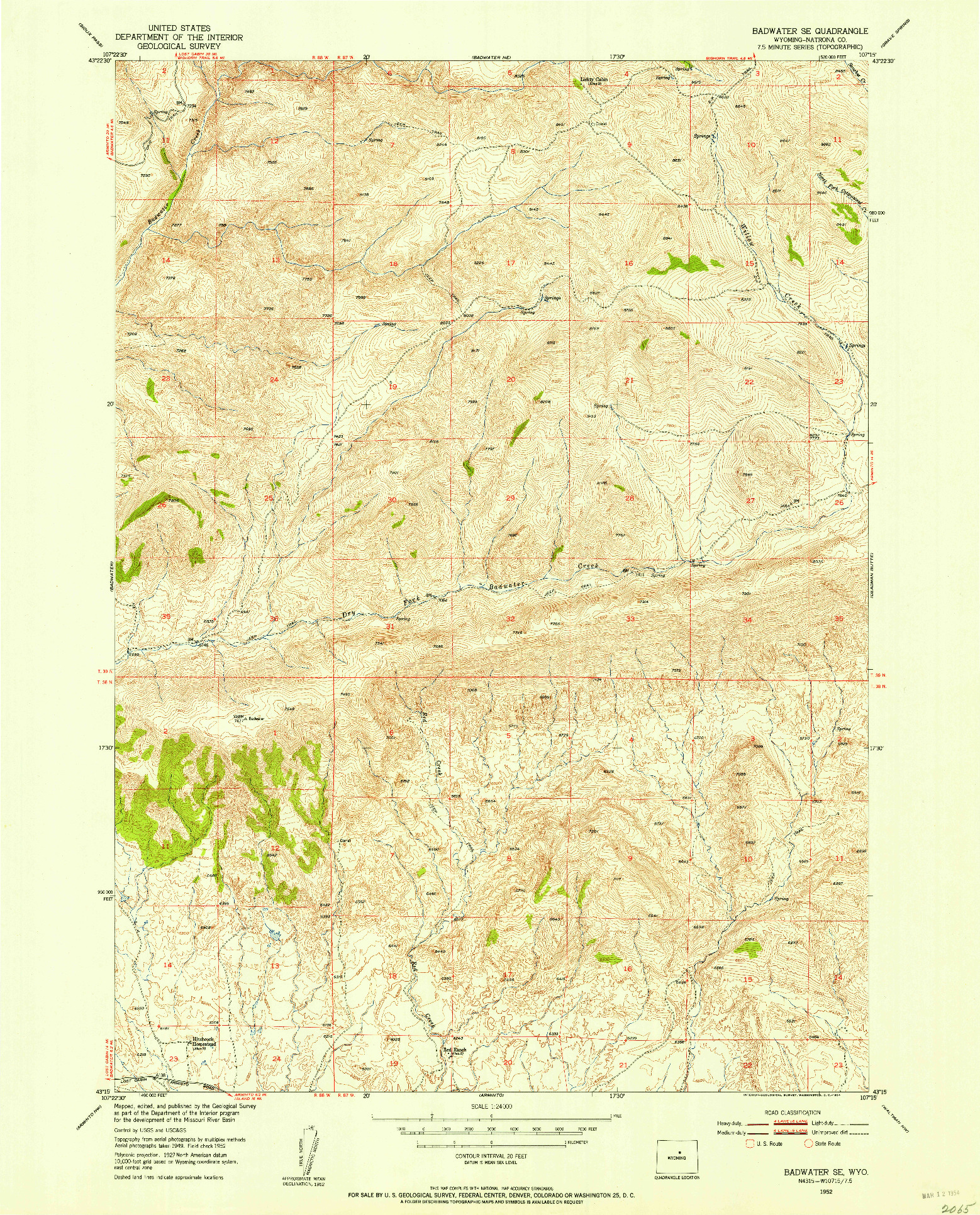 USGS 1:24000-SCALE QUADRANGLE FOR BADWATER SE, WY 1952