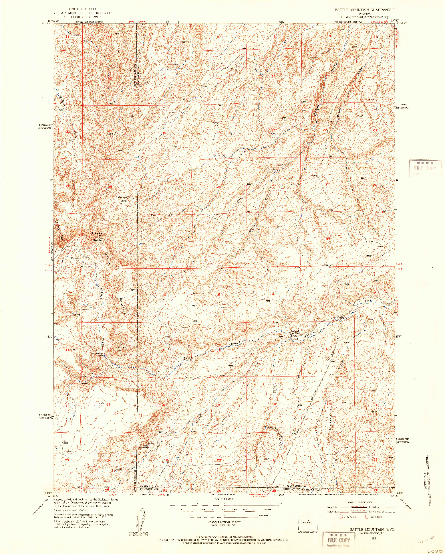 USGS 1:24000-SCALE QUADRANGLE FOR BATTLE MOUNTAIN, WY 1952