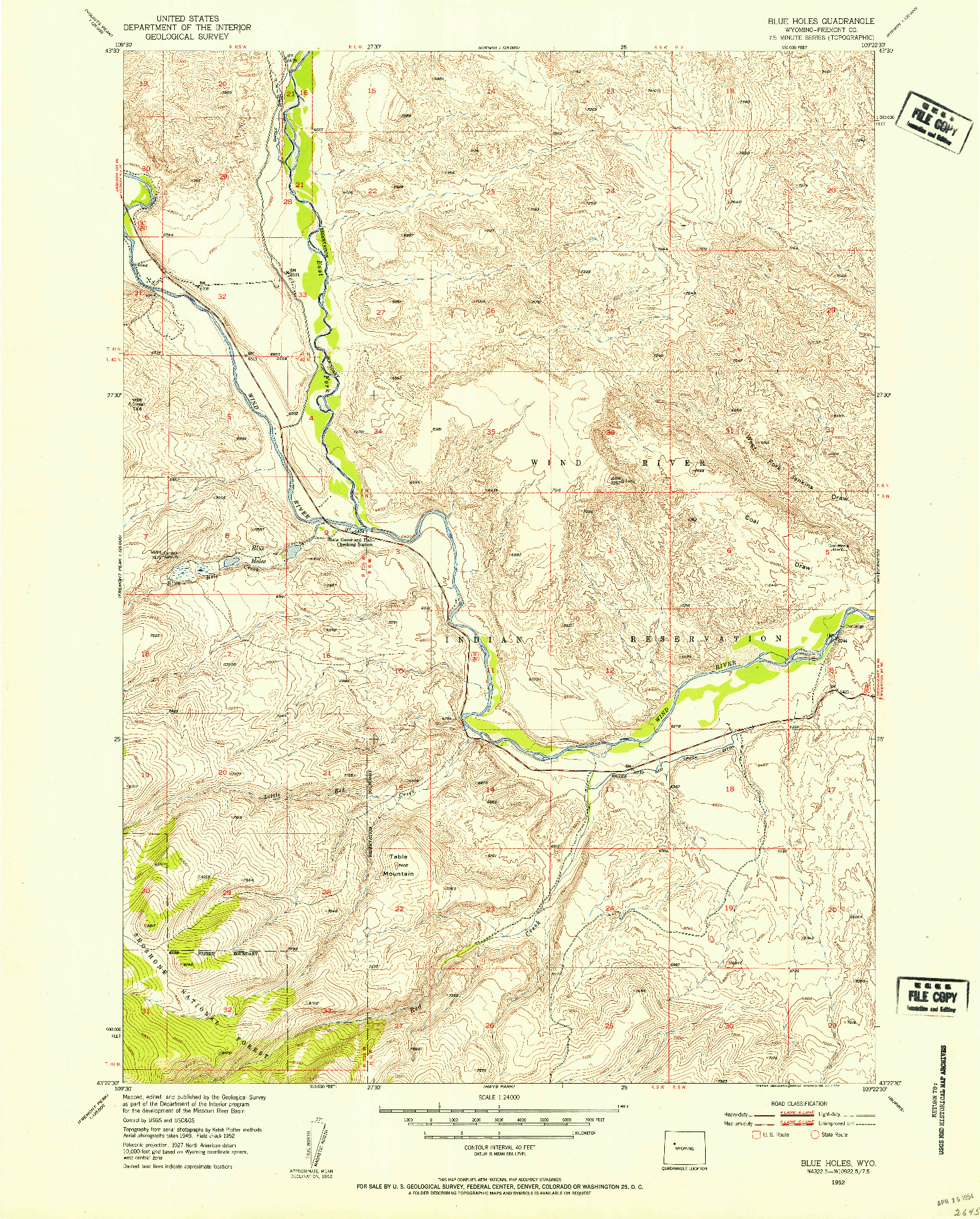 USGS 1:24000-SCALE QUADRANGLE FOR BLUE HOLES, WY 1952