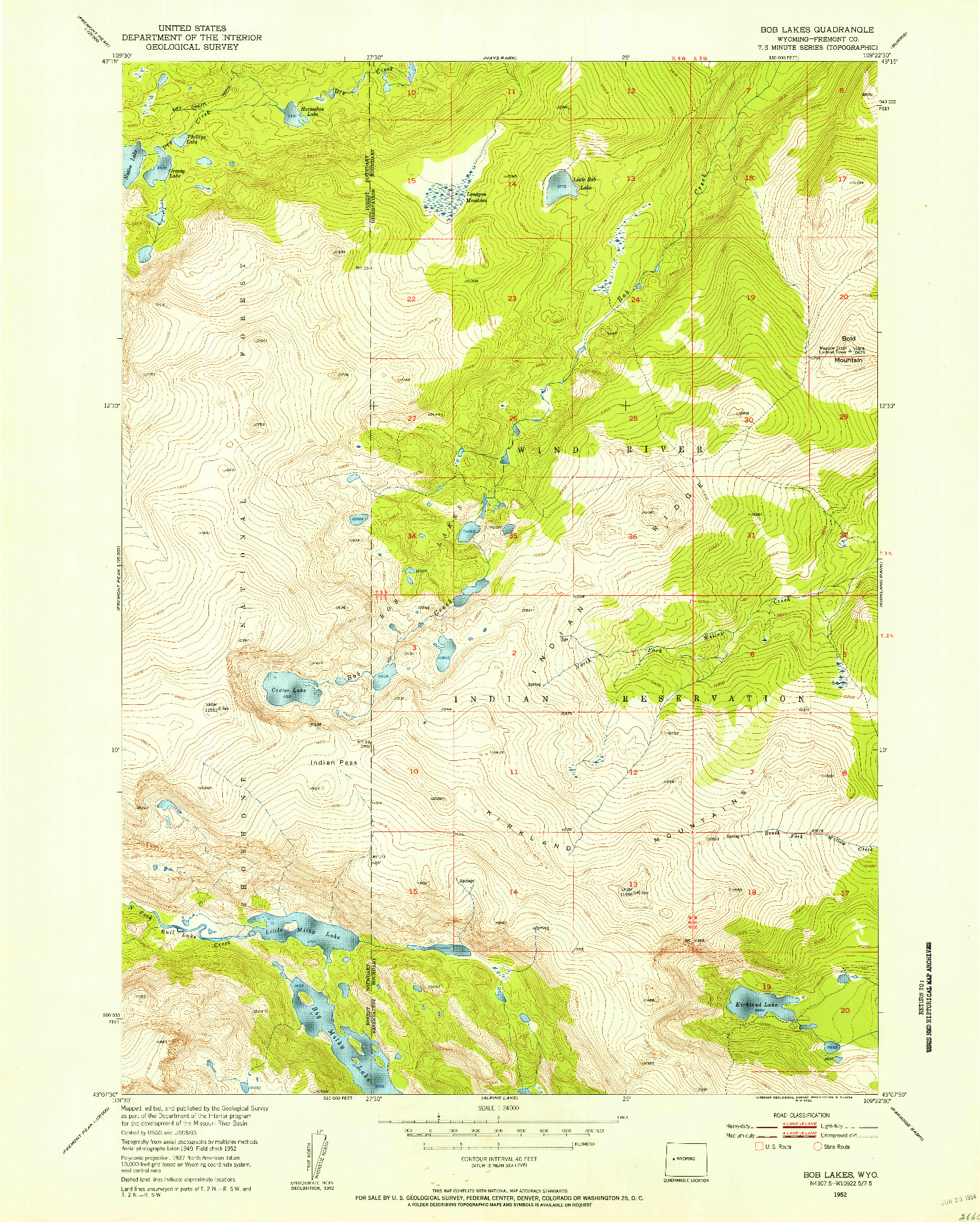 USGS 1:24000-SCALE QUADRANGLE FOR BOB LAKES, WY 1952