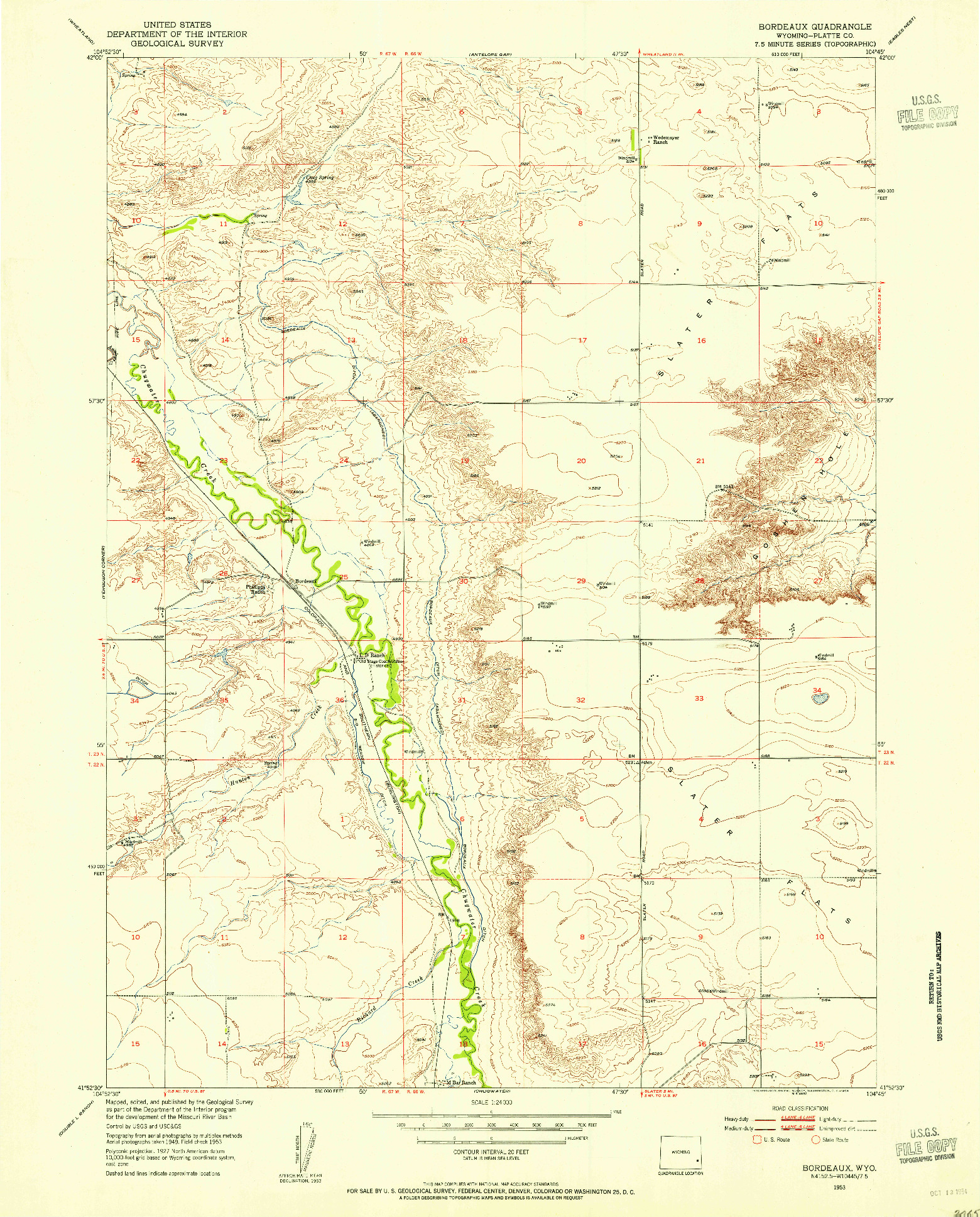 USGS 1:24000-SCALE QUADRANGLE FOR BORDEAUX, WY 1953