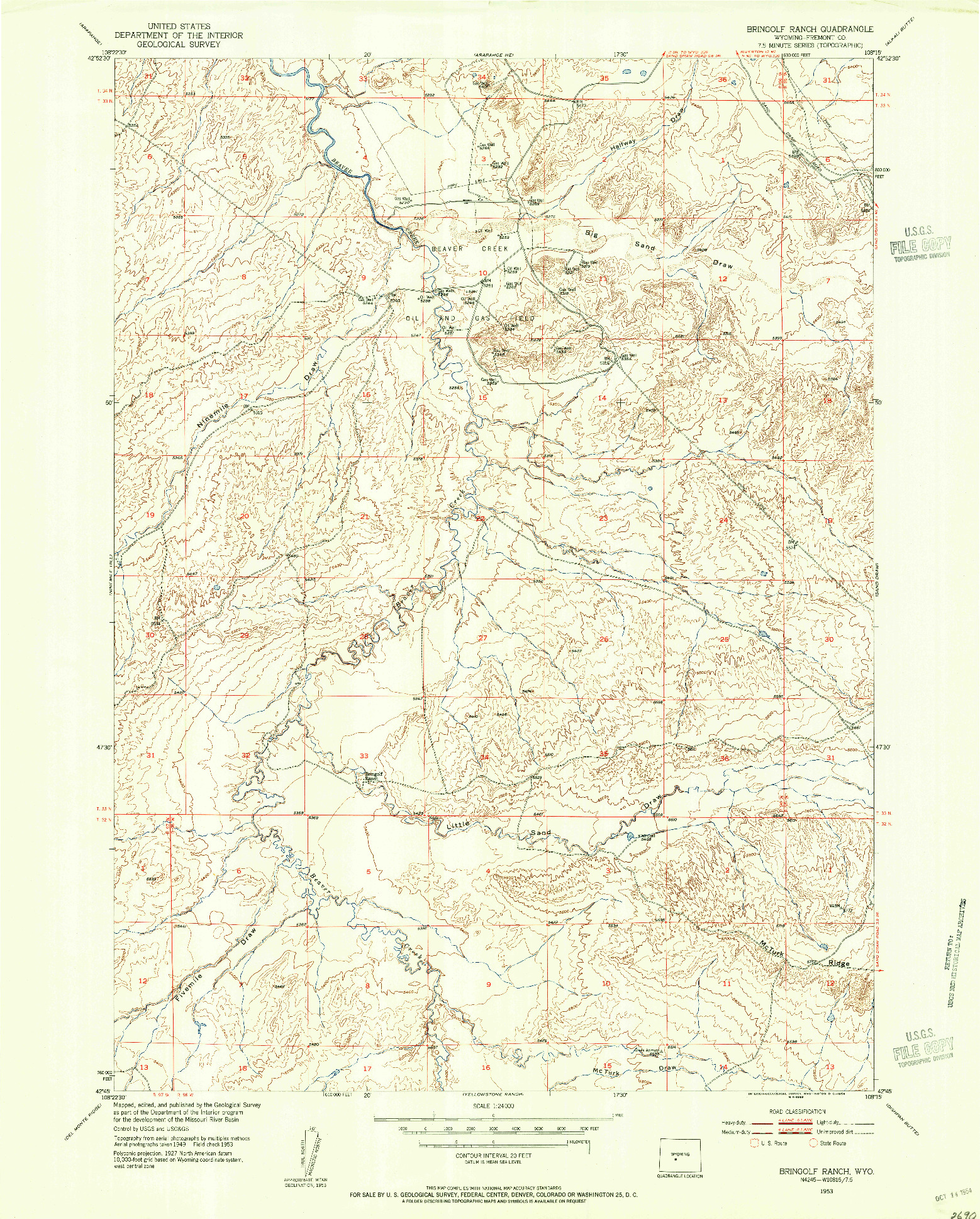 USGS 1:24000-SCALE QUADRANGLE FOR BRINGOLF RANCH, WY 1953